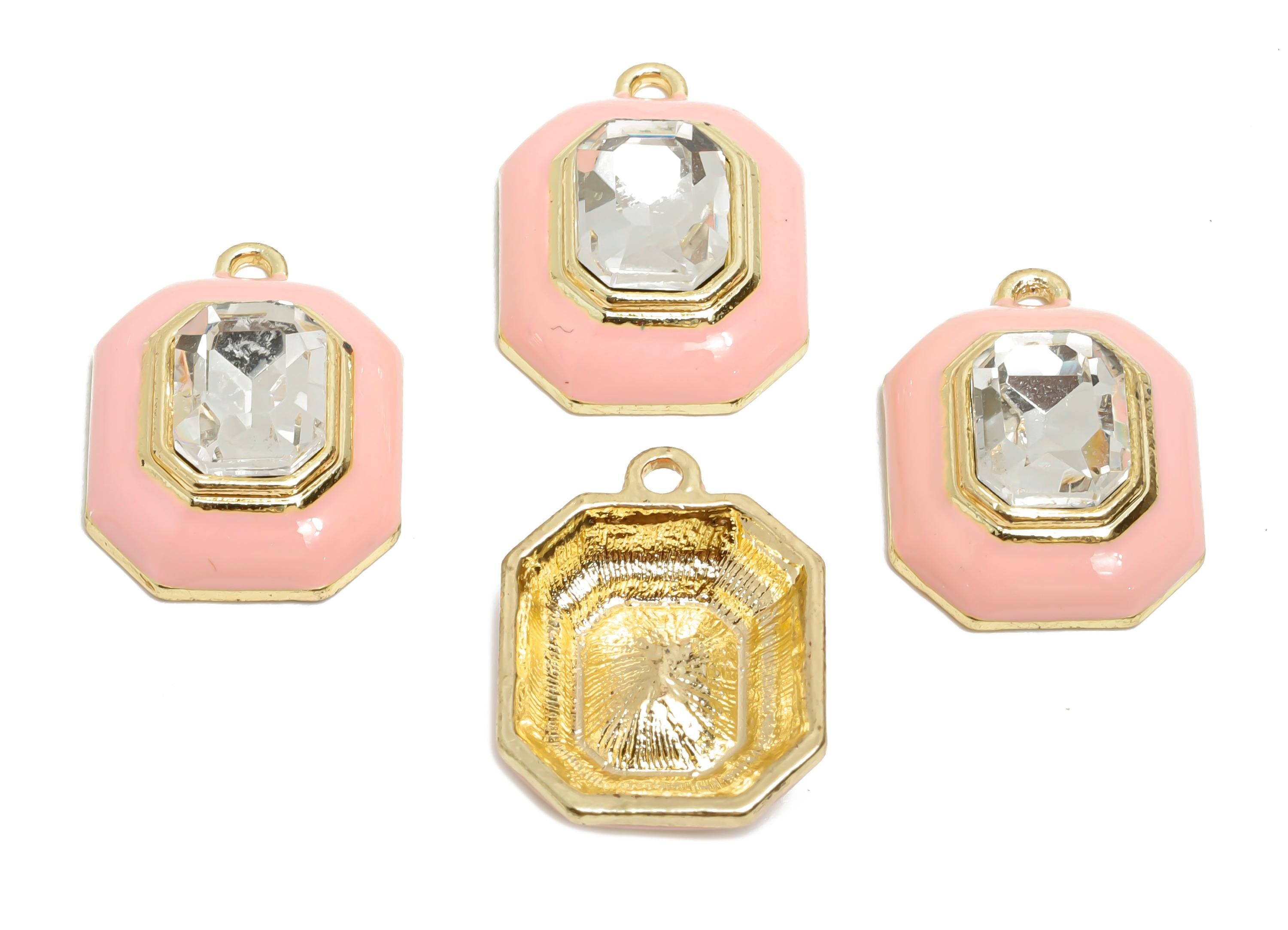 Alloy Octagon Pendant - Pink Enamel Crystal Charm for Necklace - Dainty Geometric Charm for Jewelry - KC Gold Plated - 22x17x8mm - AC3543D - DOMEDBAZAAR