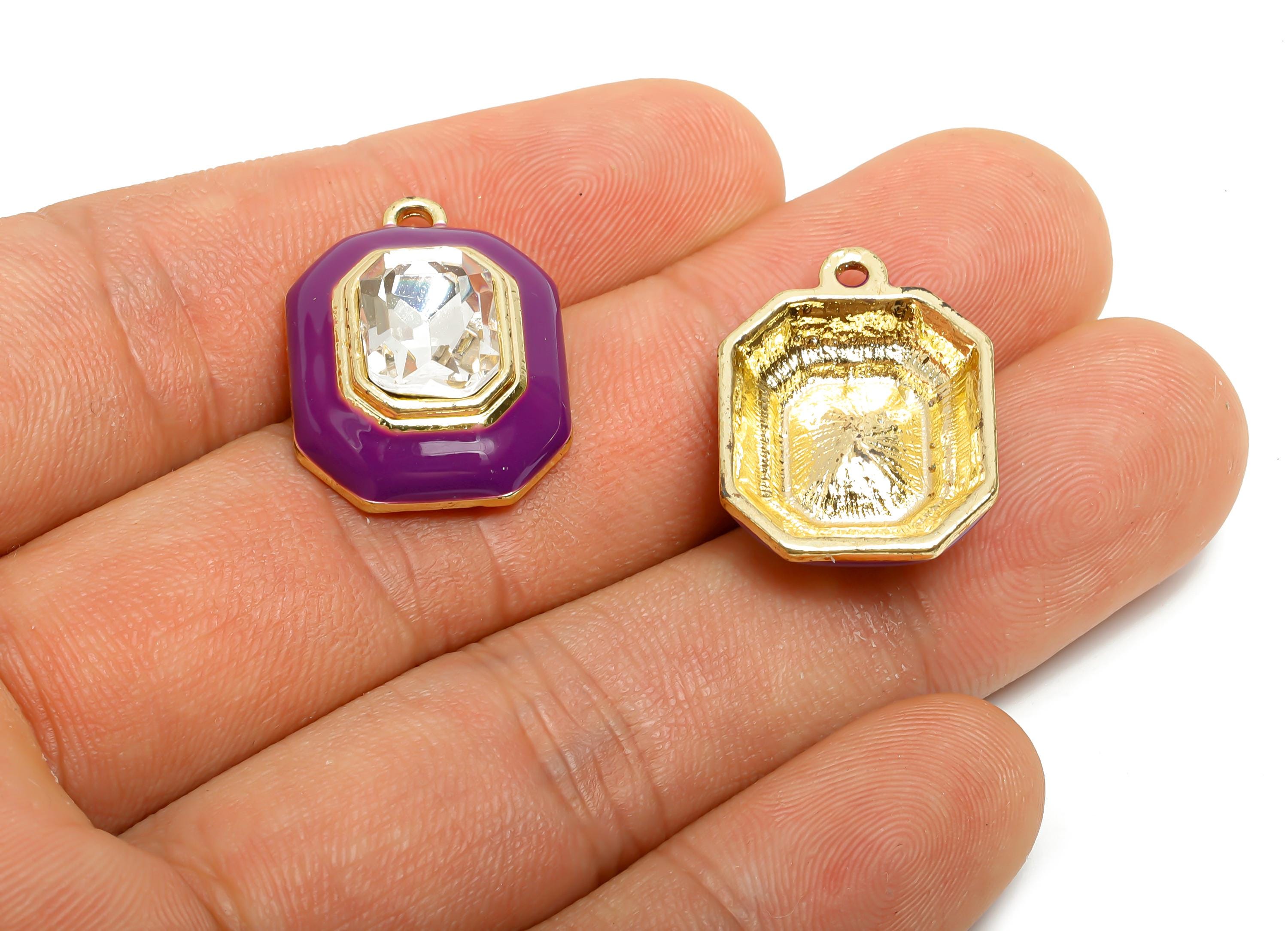 Alloy Octagon Pendant - Purple Enamel Crystal Charm for Necklace - Dainty Geometric Charm for Jewelry - KC Gold Plated - 22x17x8mm - AC3543E - DOMEDBAZAAR