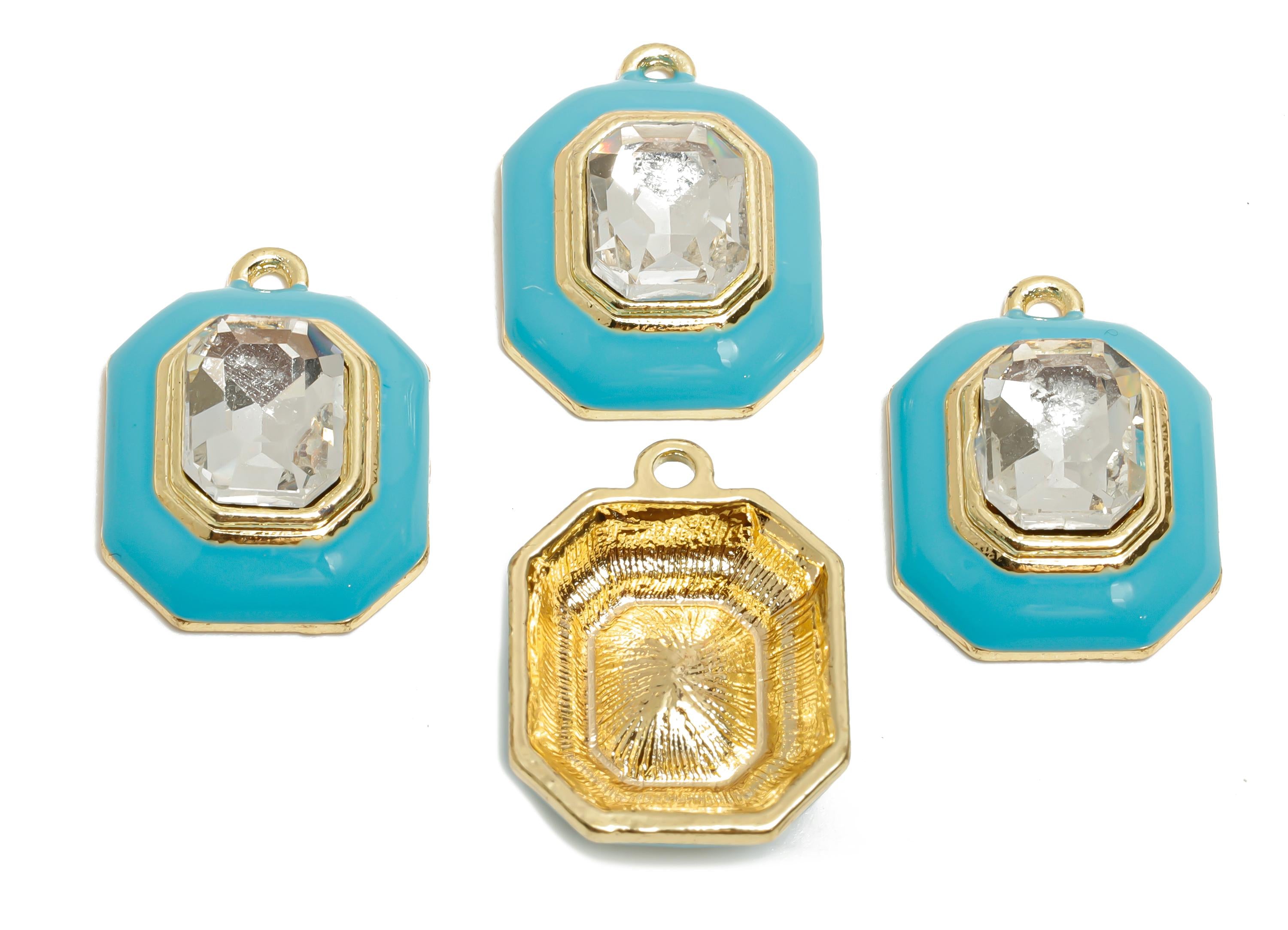 Alloy Octagon Pendant - Blue Enamel Crystal Charm for Necklace - Dainty Geometric Charm for Jewelry - KC Gold Plated - 22x17x8mm - AC3543F - DOMEDBAZAAR