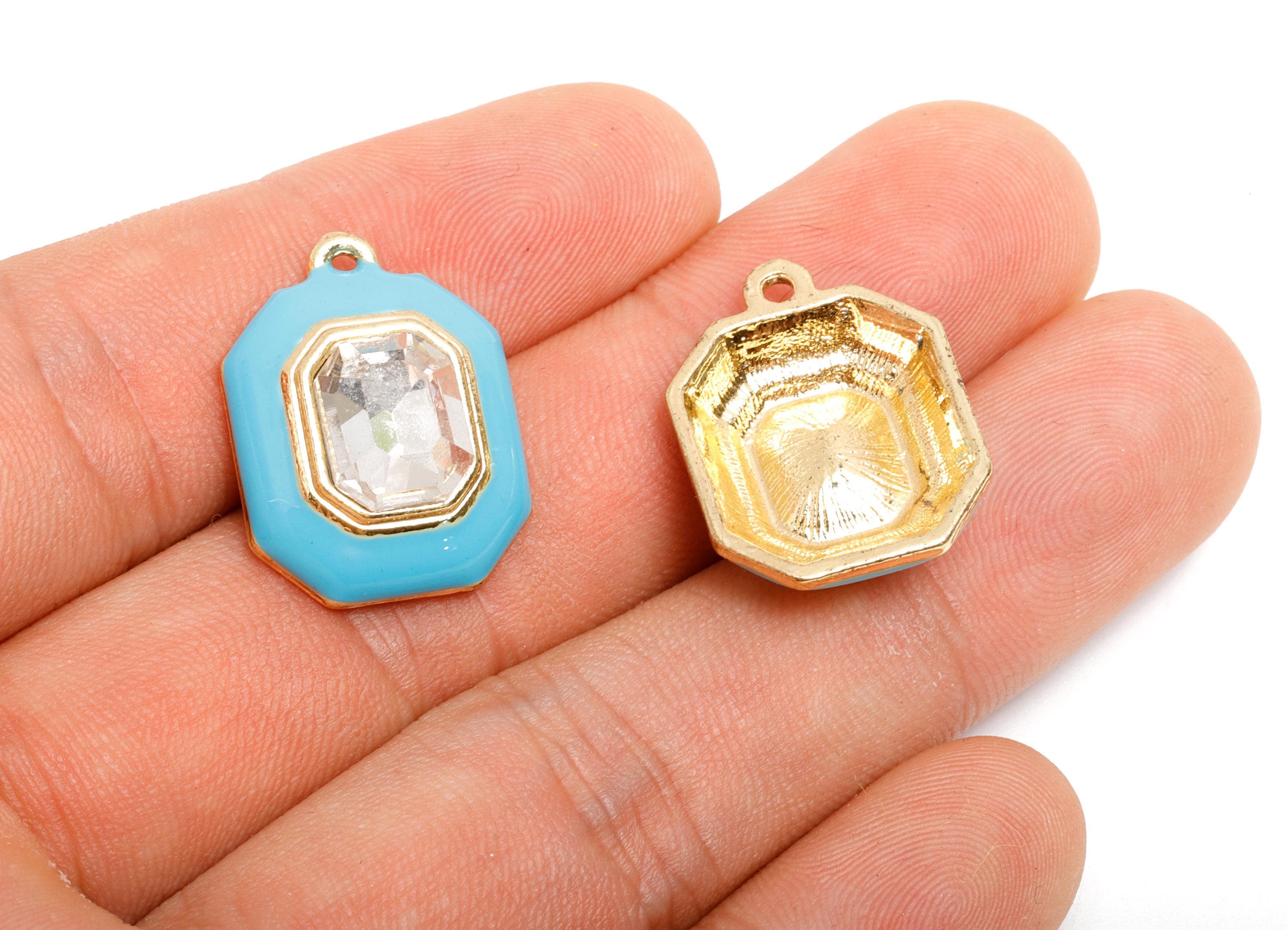 Alloy Octagon Pendant - Blue Enamel Crystal Charm for Necklace - Dainty Geometric Charm for Jewelry - KC Gold Plated - 22x17x8mm - AC3543F - DOMEDBAZAAR