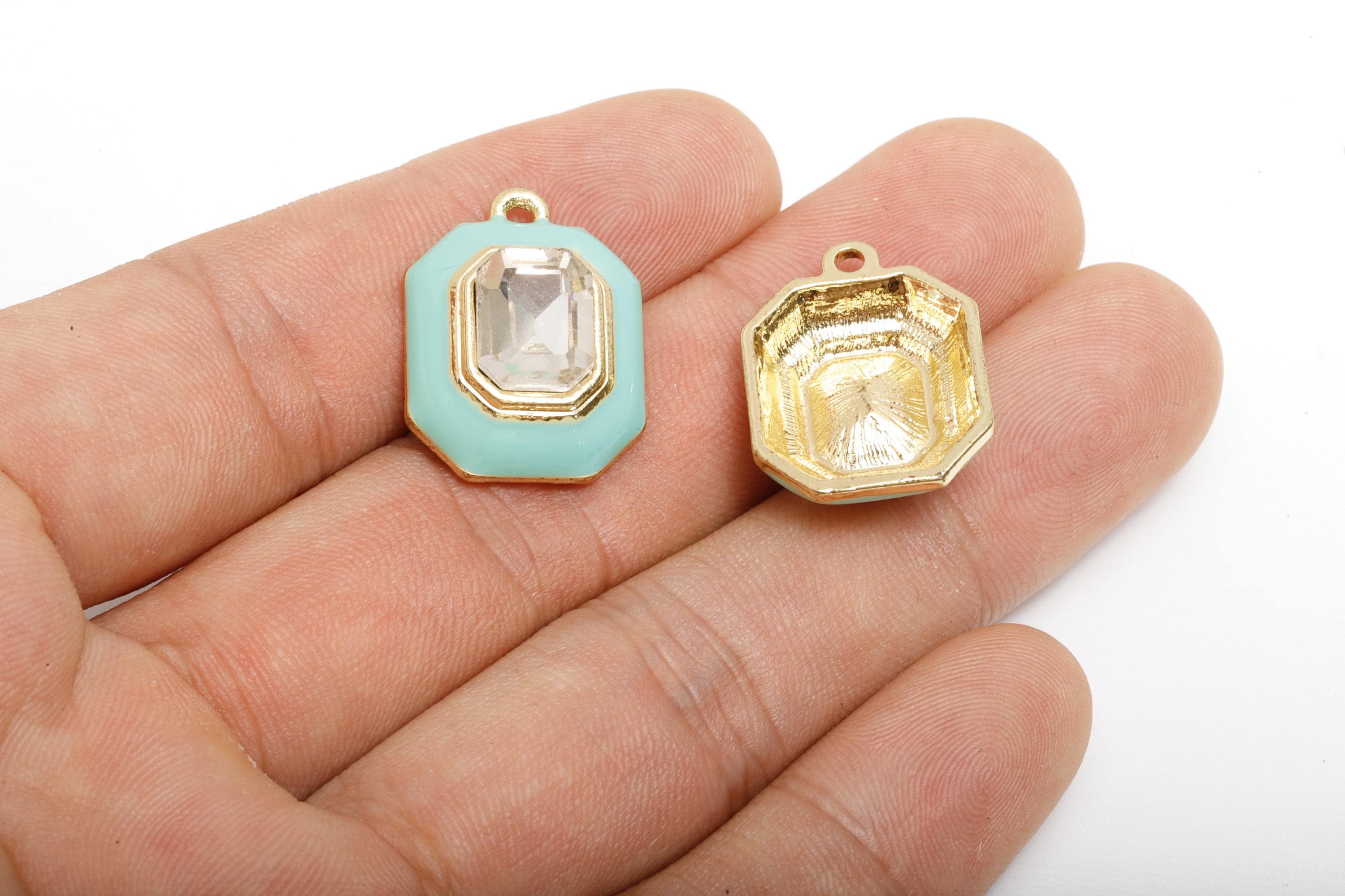Alloy Octagon Pendant - Green Enamel Crystal Charm for Necklace - Dainty Geometric Charm for Jewelry - KC Gold Plated - 22x17x8mm - AC3543G - DOMEDBAZAAR