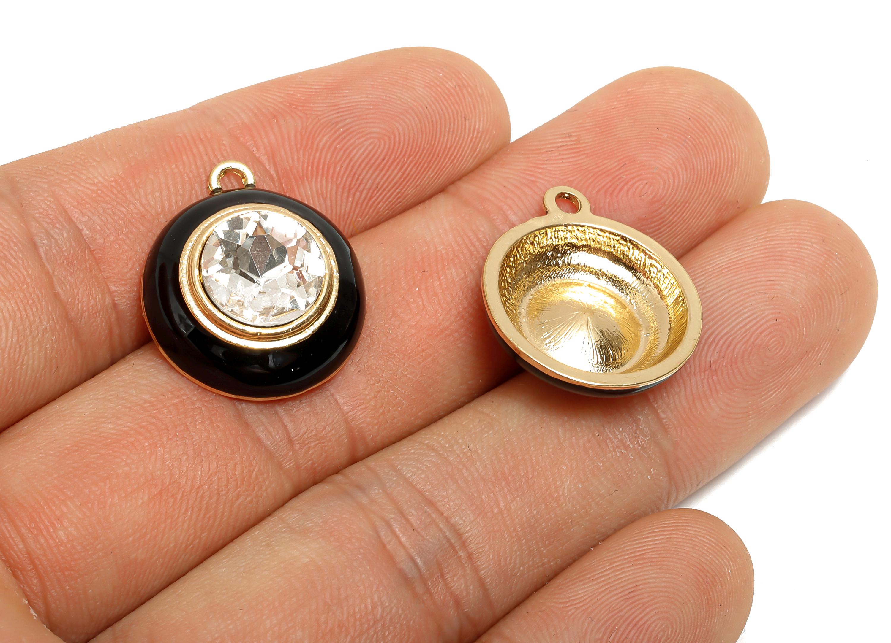 Alloy Round Crystal Pendant - Black Enamel Necklace Component - Elegant Geometric Charm for Jewelry - KC Gold Plated - 22x18x7mm - AC3542A - DOMEDBAZAAR