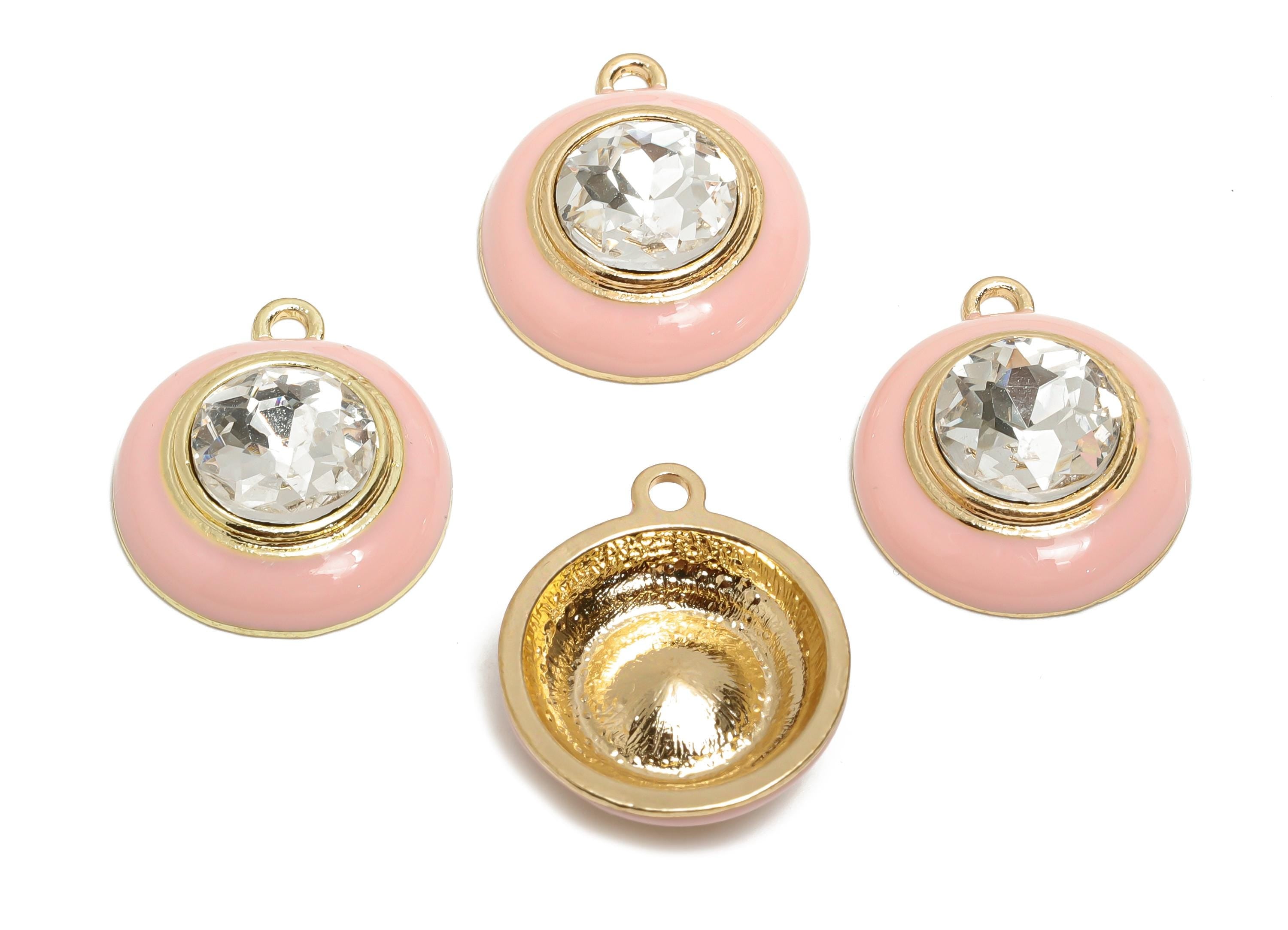 Alloy Round Crystal Pendant - Pink Enamel Necklace Component - Elegant Geometric Charm for Jewelry - KC Gold Plated - 22x18x7mm - AC3542D - DOMEDBAZAAR