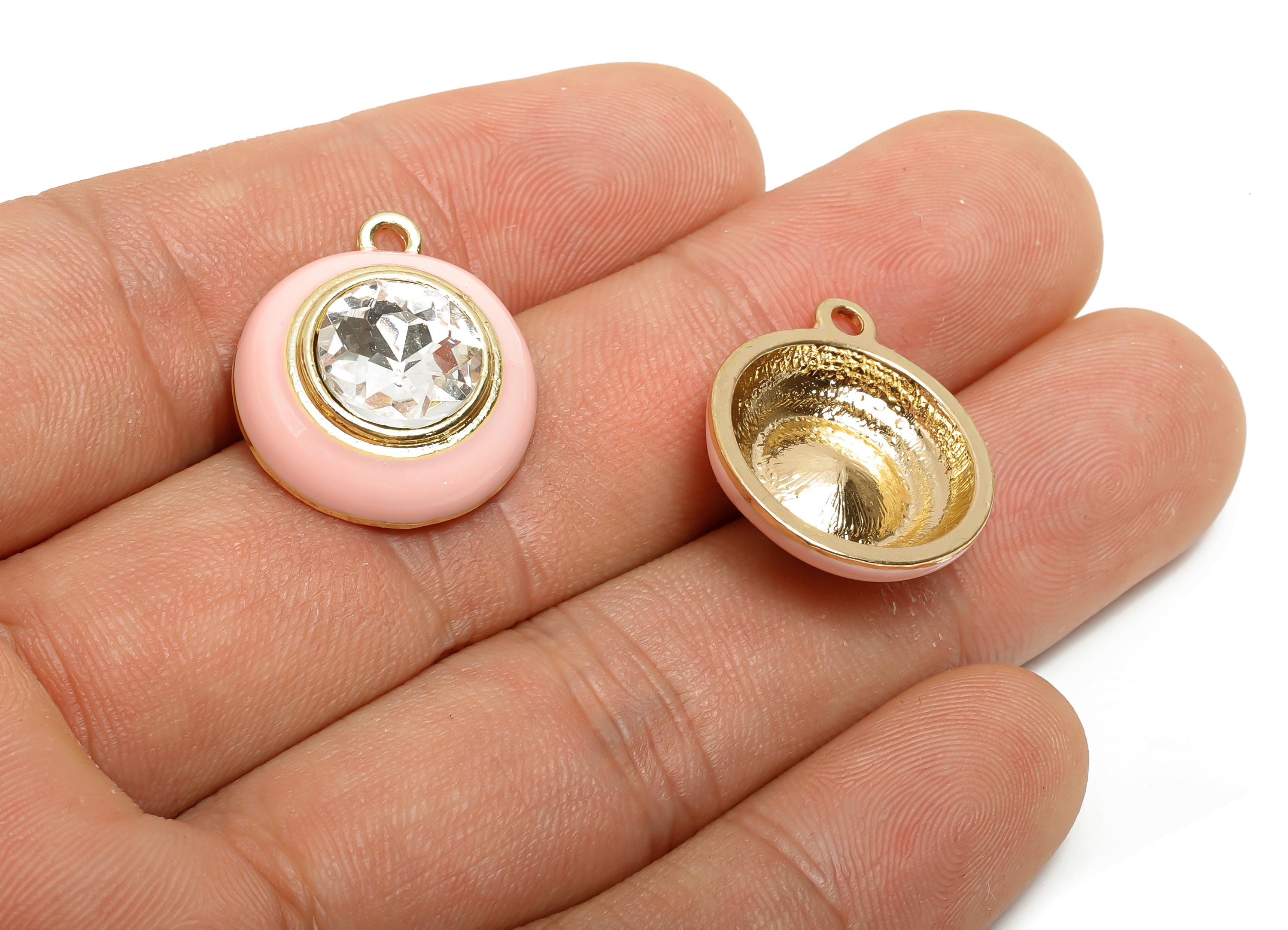 Alloy Round Crystal Pendant - Pink Enamel Necklace Component - Elegant Geometric Charm for Jewelry - KC Gold Plated - 22x18x7mm - AC3542D - DOMEDBAZAAR