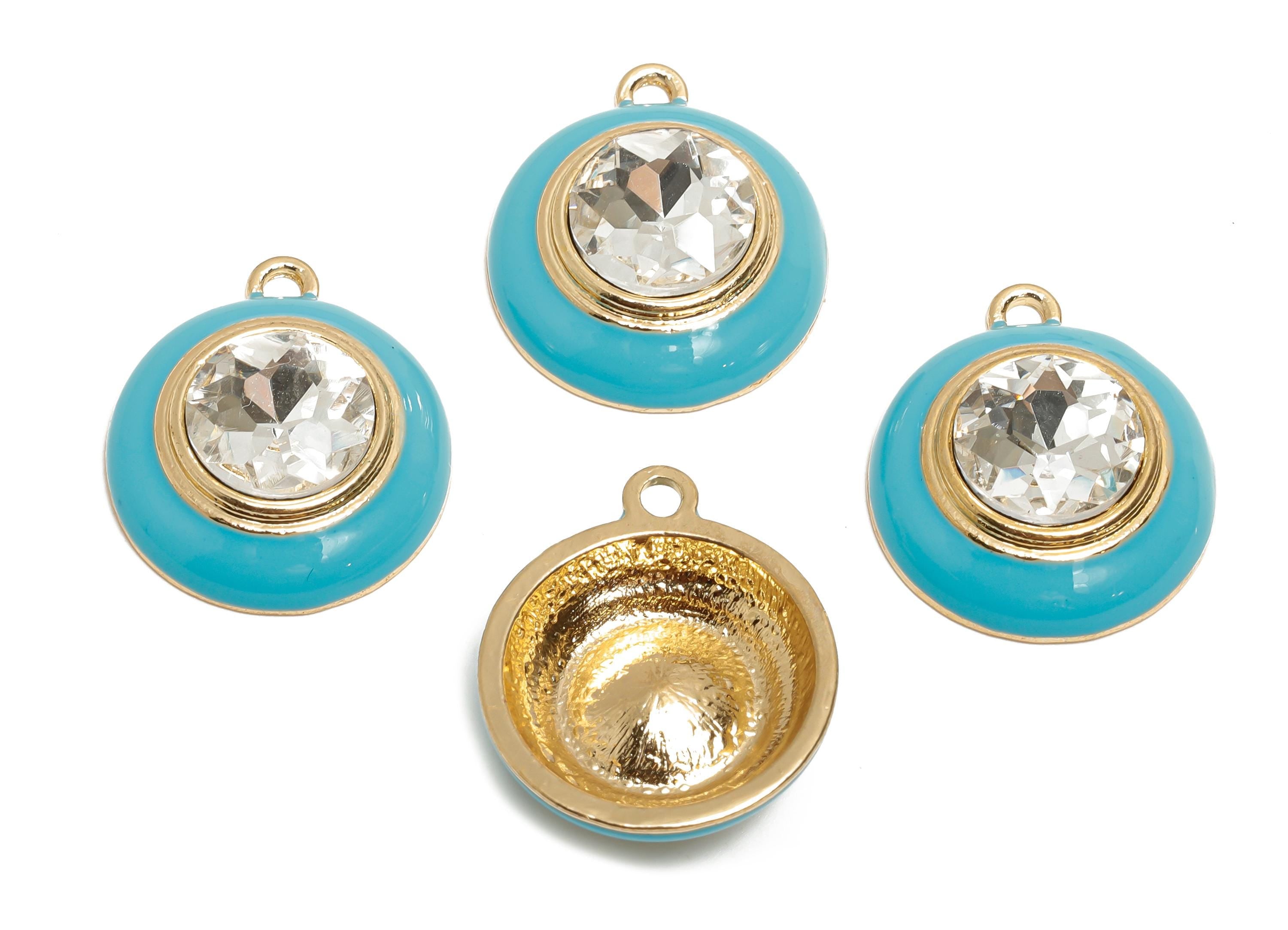 Alloy Round Crystal Pendant - Blue Enamel Necklace Component - Elegant Geometric Charm for Jewelry - KC Gold Plated - 22x18x7mm - AC3542F - DOMEDBAZAAR