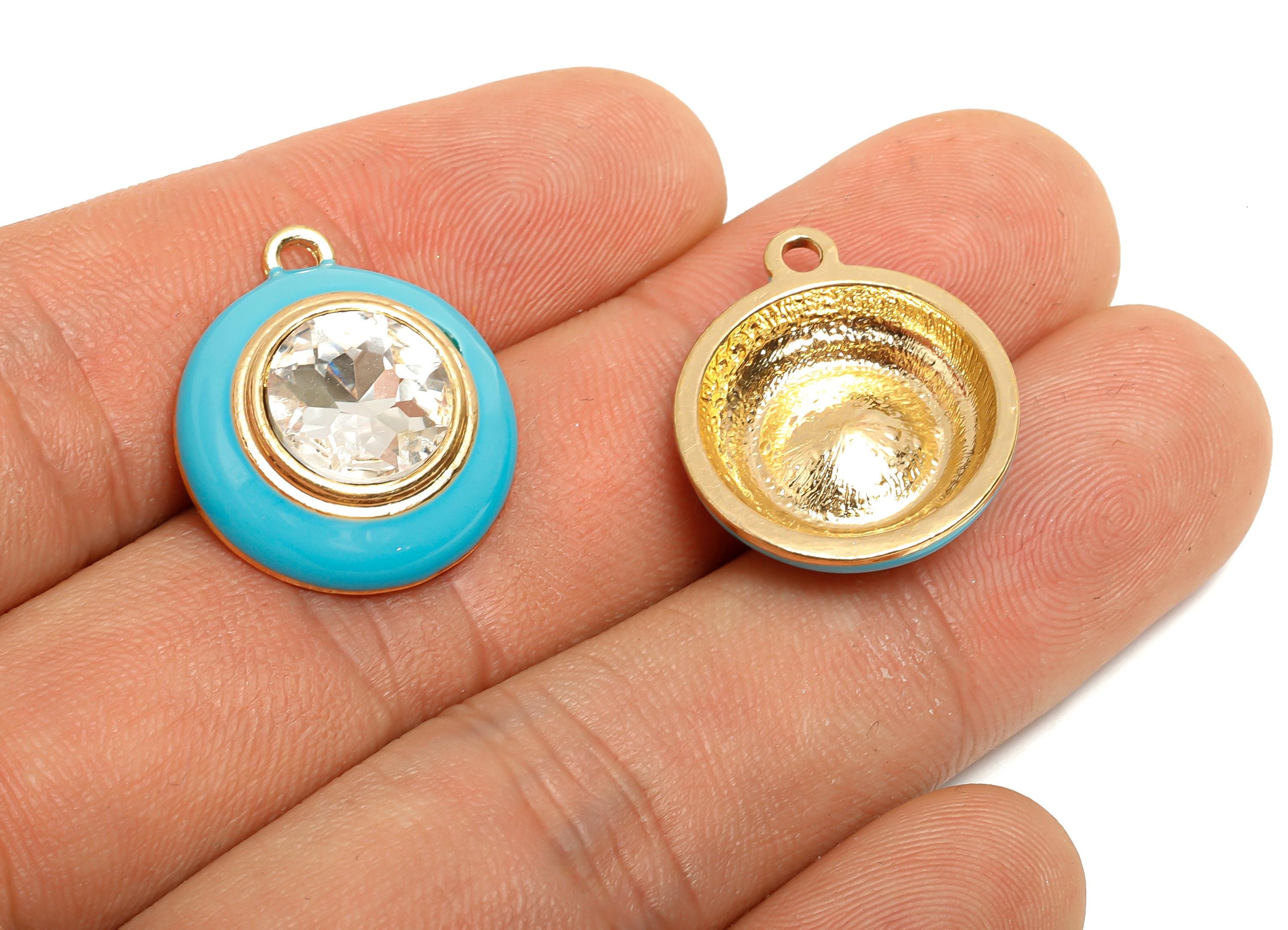 Alloy Round Crystal Pendant - Blue Enamel Necklace Component - Elegant Geometric Charm for Jewelry - KC Gold Plated - 22x18x7mm - AC3542F - DOMEDBAZAAR