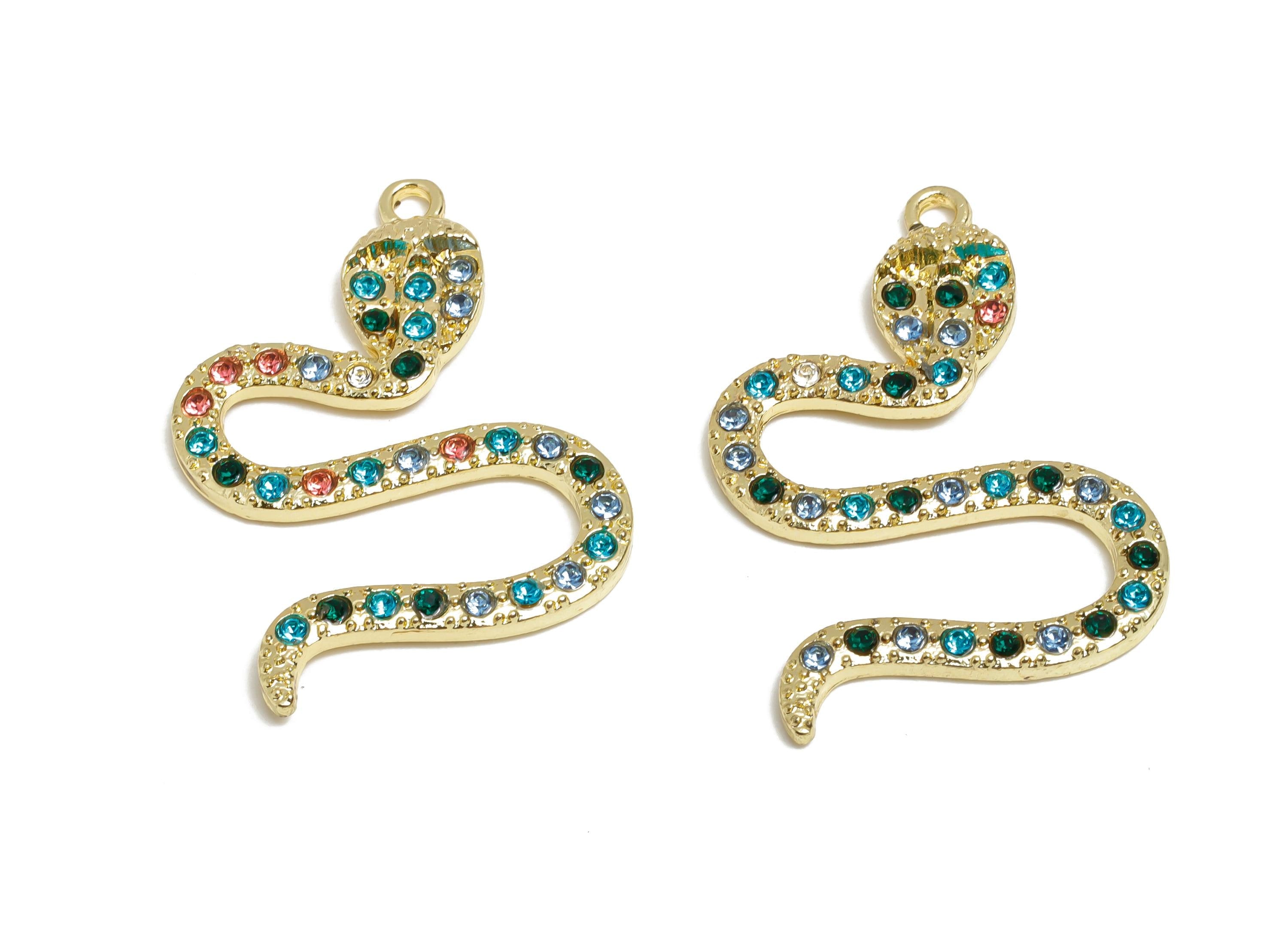 Alloy Snake Charm Pendant - Sparkling Colorful Snake Charm - DIY Crystal Snake Jewelry Supply - Craft Jewelry Making - 37x27x3.5mm - AC3531 - DOMEDBAZAAR