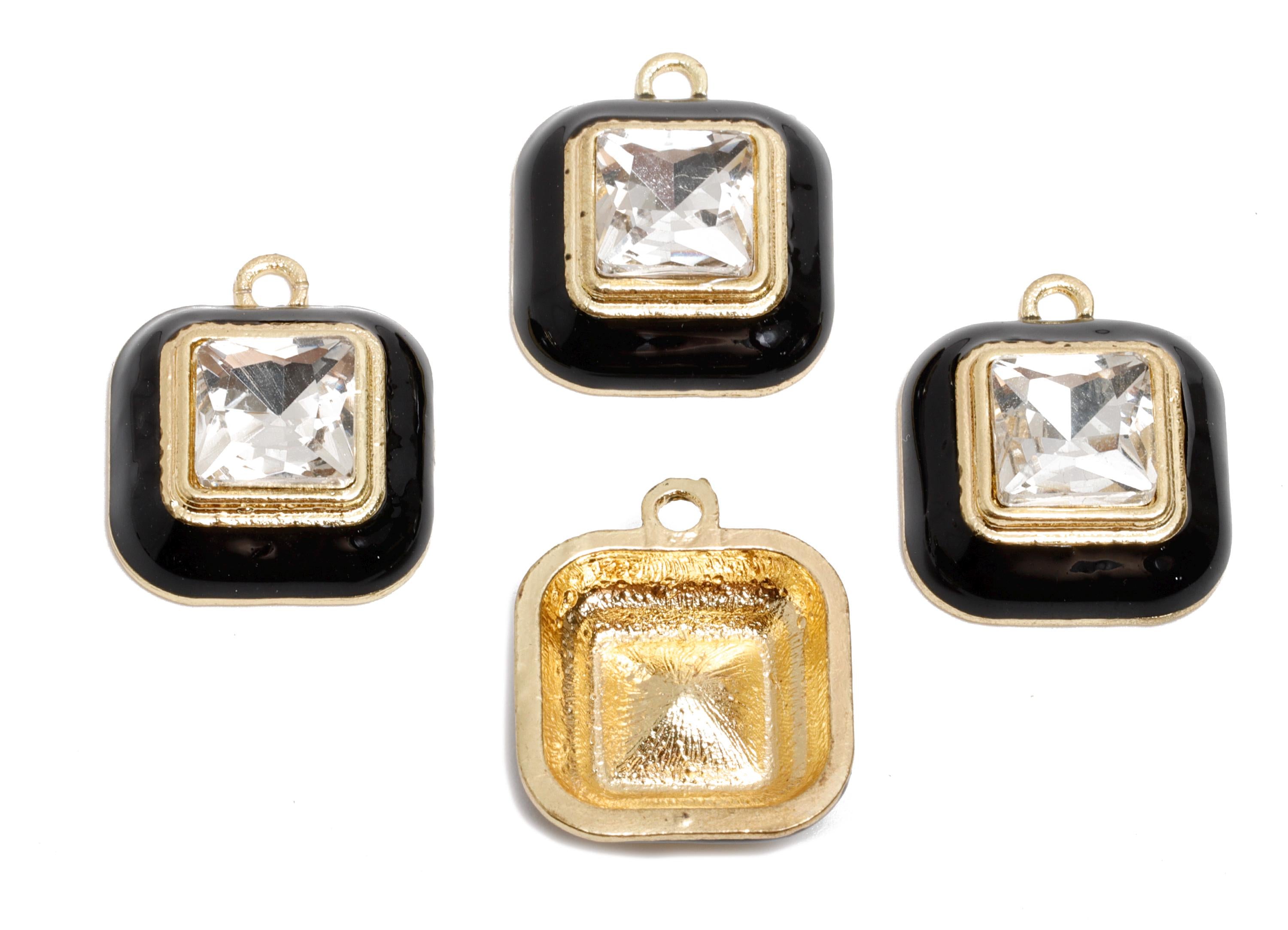 Alloy Square Crystal Pendant - Black Enamel Necklace Component - Gold Frame Geometric Jewelry - KC Gold Plated - 20x16.9x6.84mm - AC3544A - DOMEDBAZAAR