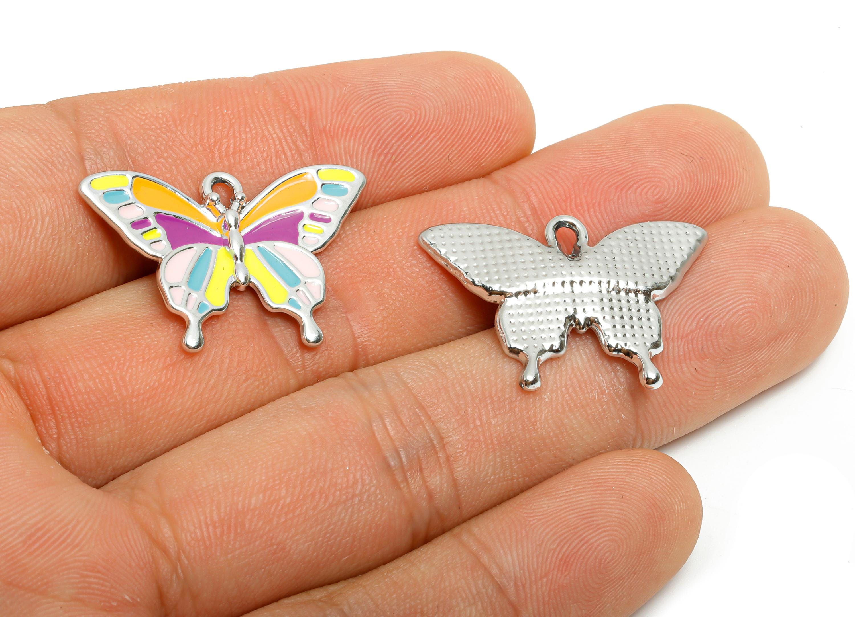 Alloy Enamel Butterfly Charm - Colorful Butterfly Jewelry Charm - Whimsical Rainbow Wing Jewelry - Silver Tone Plating - 28x19x3mm - AC3520C - DOMEDBAZAAR