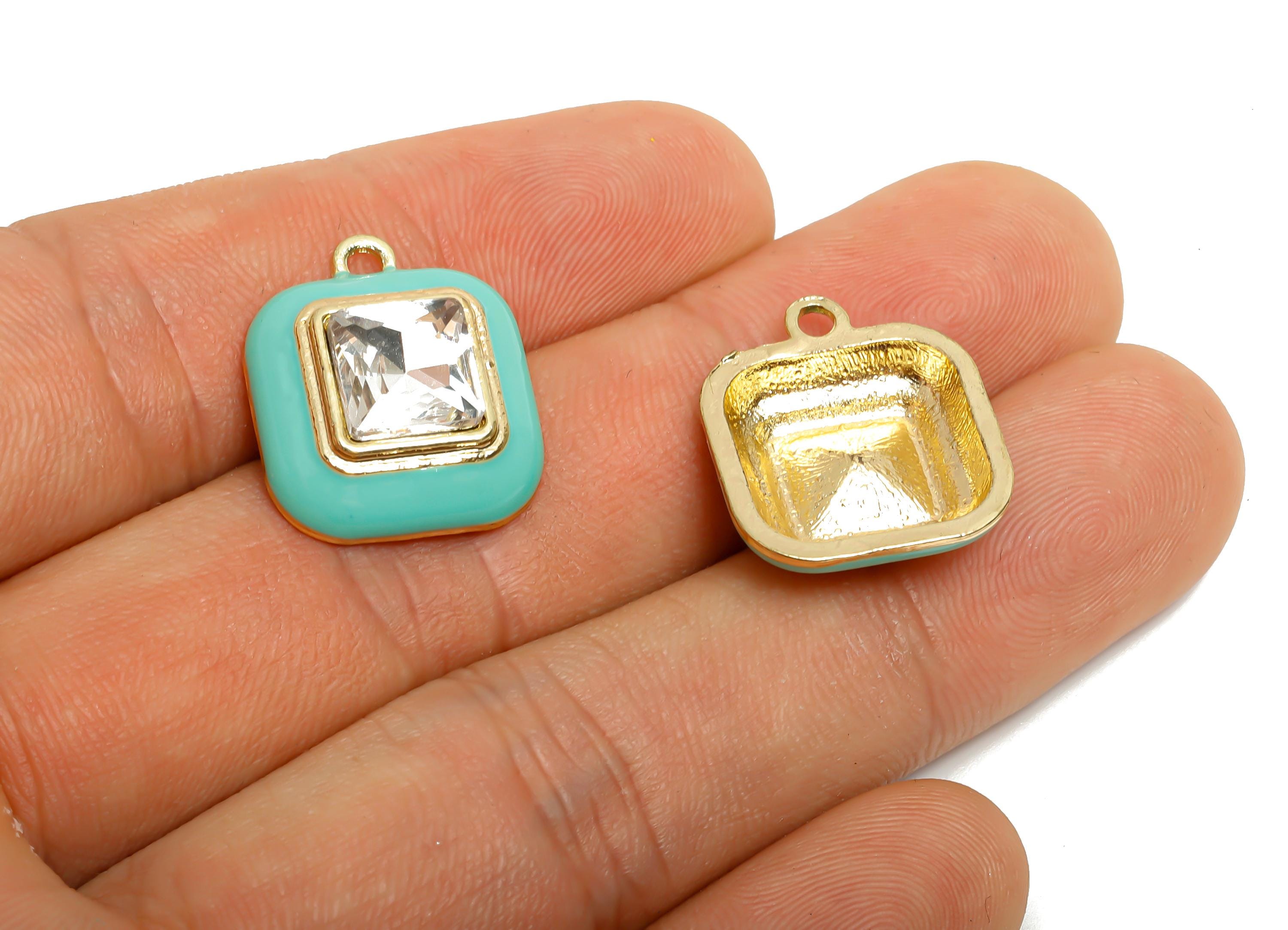 Alloy Square Crystal Pendant - Green Enamel Jewelry Piece - Crafting Supplies - Elegant Pendant - KC Gold Plated - 20x16.9x6.84mm - AC3544F - DOMEDBAZAAR