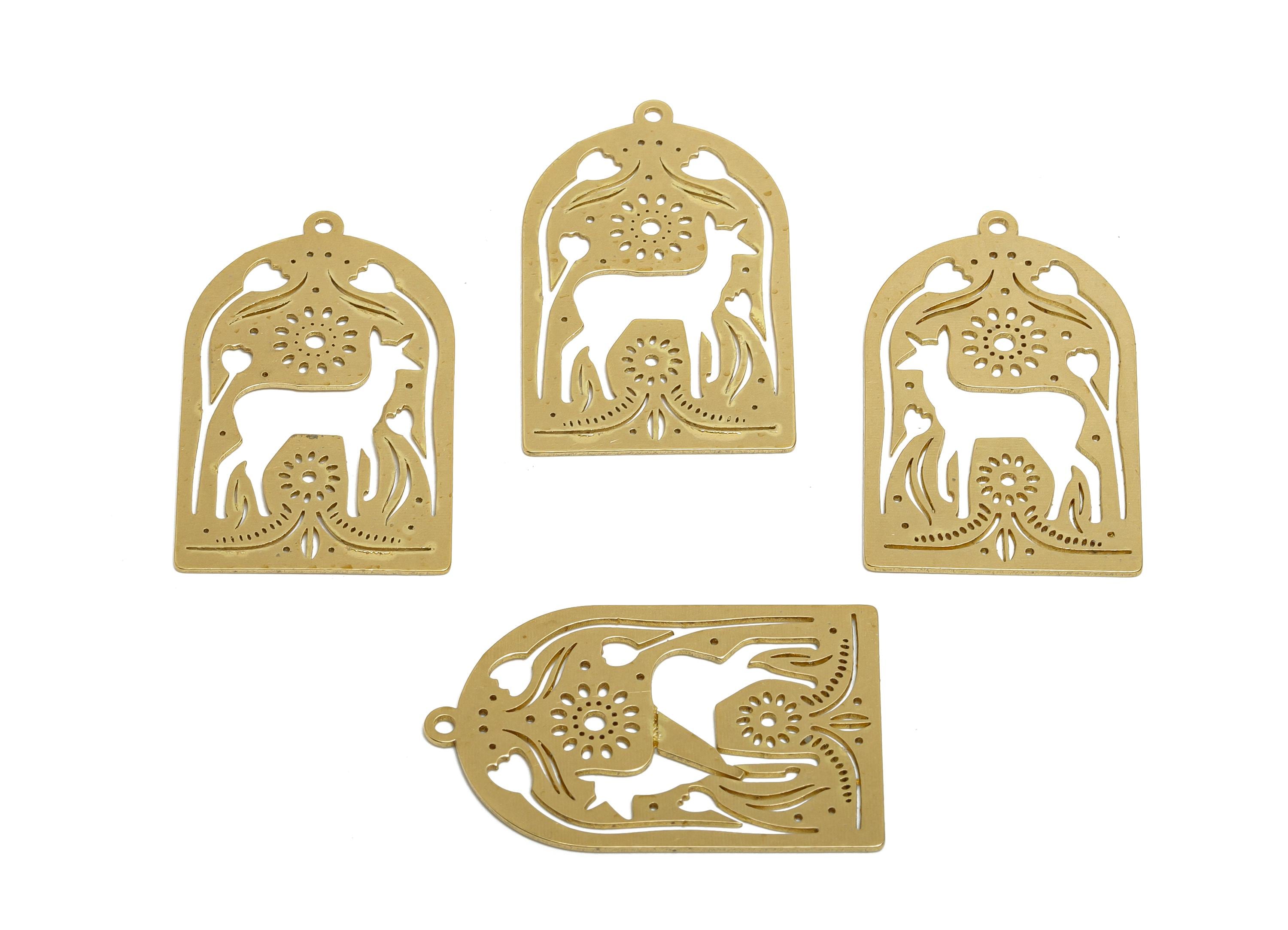 Raw Brass Deer Pendant - Brass Hollow Forest Animal Charm - Woodland Scene Charm - Folk Art Animal Pendant - 36x22.4x0.7mm - PP11511 - DOMEDBAZAAR