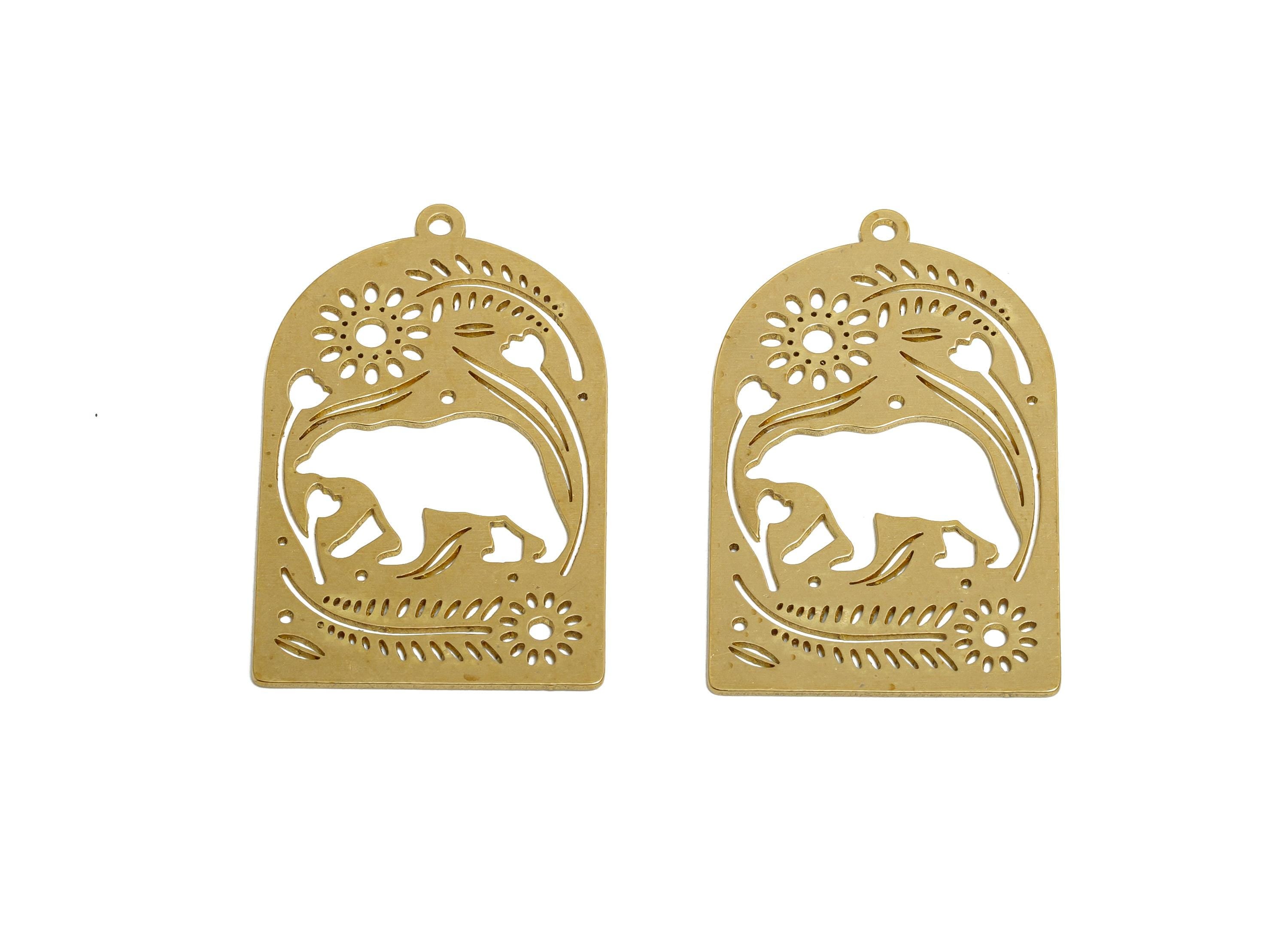 Raw Brass Bear Pendant - Brass Hollow Floral Animal Charm - Hollow Cut Brass Charm - Nature Jewelry Making - 36x22.4x0.7mm - PP11510 - DOMEDBAZAAR