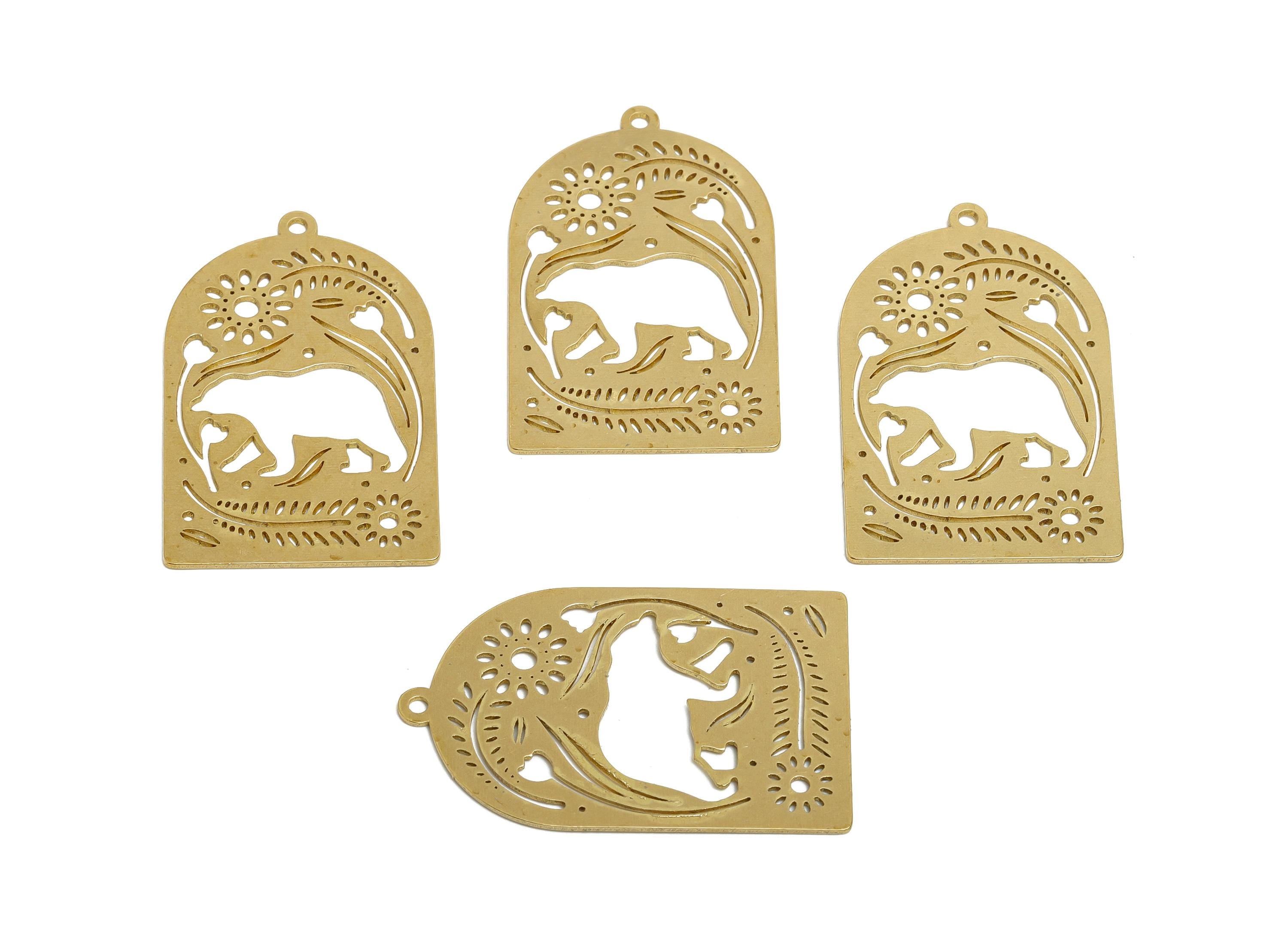 Raw Brass Bear Pendant - Brass Hollow Floral Animal Charm - Hollow Cut Brass Charm - Nature Jewelry Making - 36x22.4x0.7mm - PP11510 - DOMEDBAZAAR
