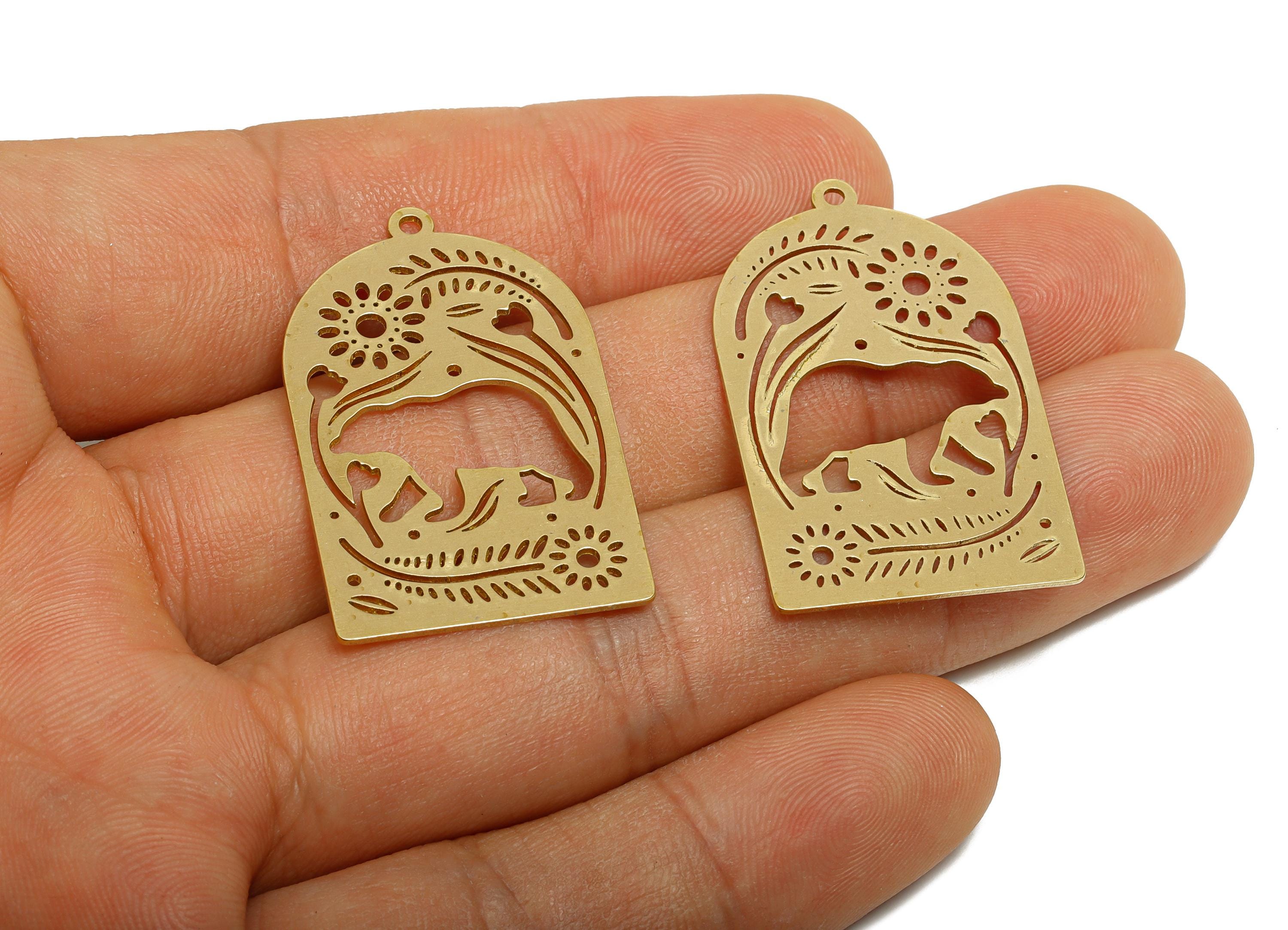 Raw Brass Bear Pendant - Brass Hollow Floral Animal Charm - Hollow Cut Brass Charm - Nature Jewelry Making - 36x22.4x0.7mm - PP11510 - DOMEDBAZAAR
