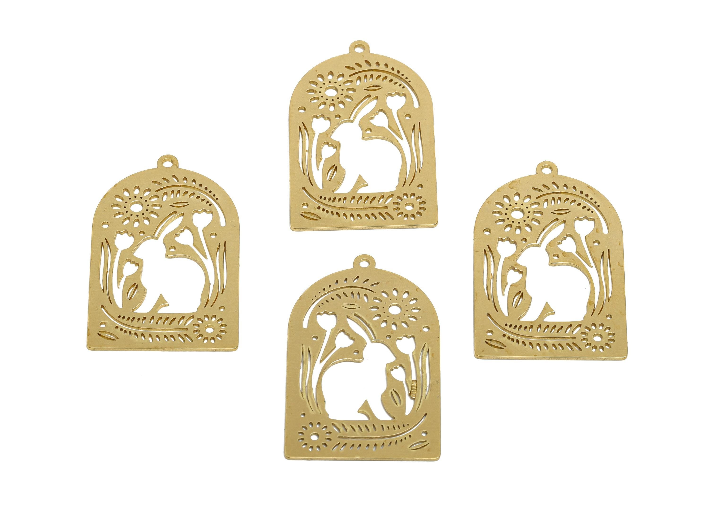 Raw Brass Rabbit Pendant - Brass Hollow Forest Animal Charm - Hollow Cut Brass Charm - Nature Jewelry Making - 36x22.4x0.7mm - PP11512 - DOMEDBAZAAR