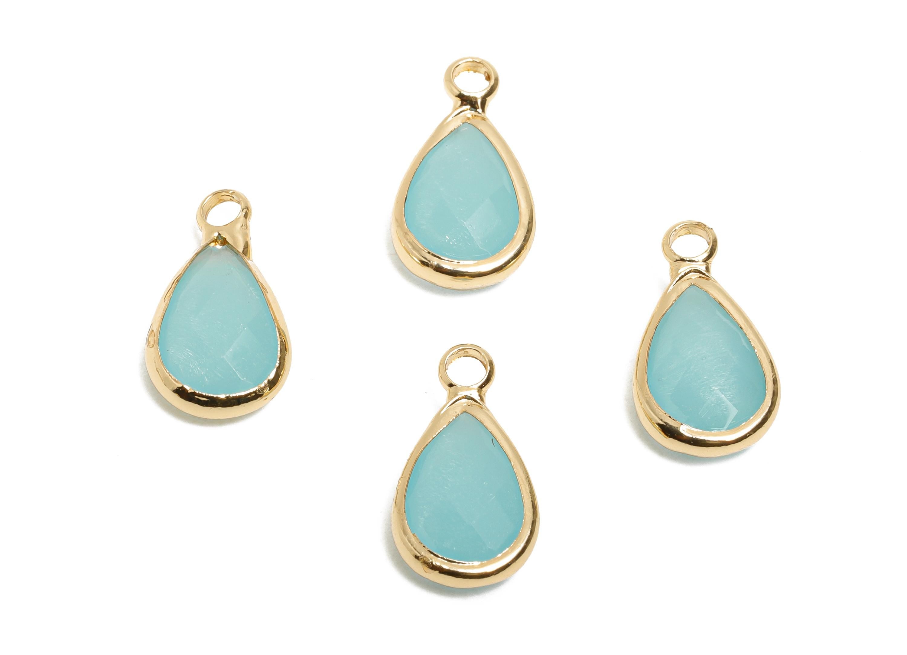 Teardrop Glass Charms - Brass Blue Faceted Glass Pendant - Romantic Teardrop Jewelry - Gold Tone Plated Brass - 13.75x7.8x3.7mm - AC3657 - DOMEDBAZAAR
