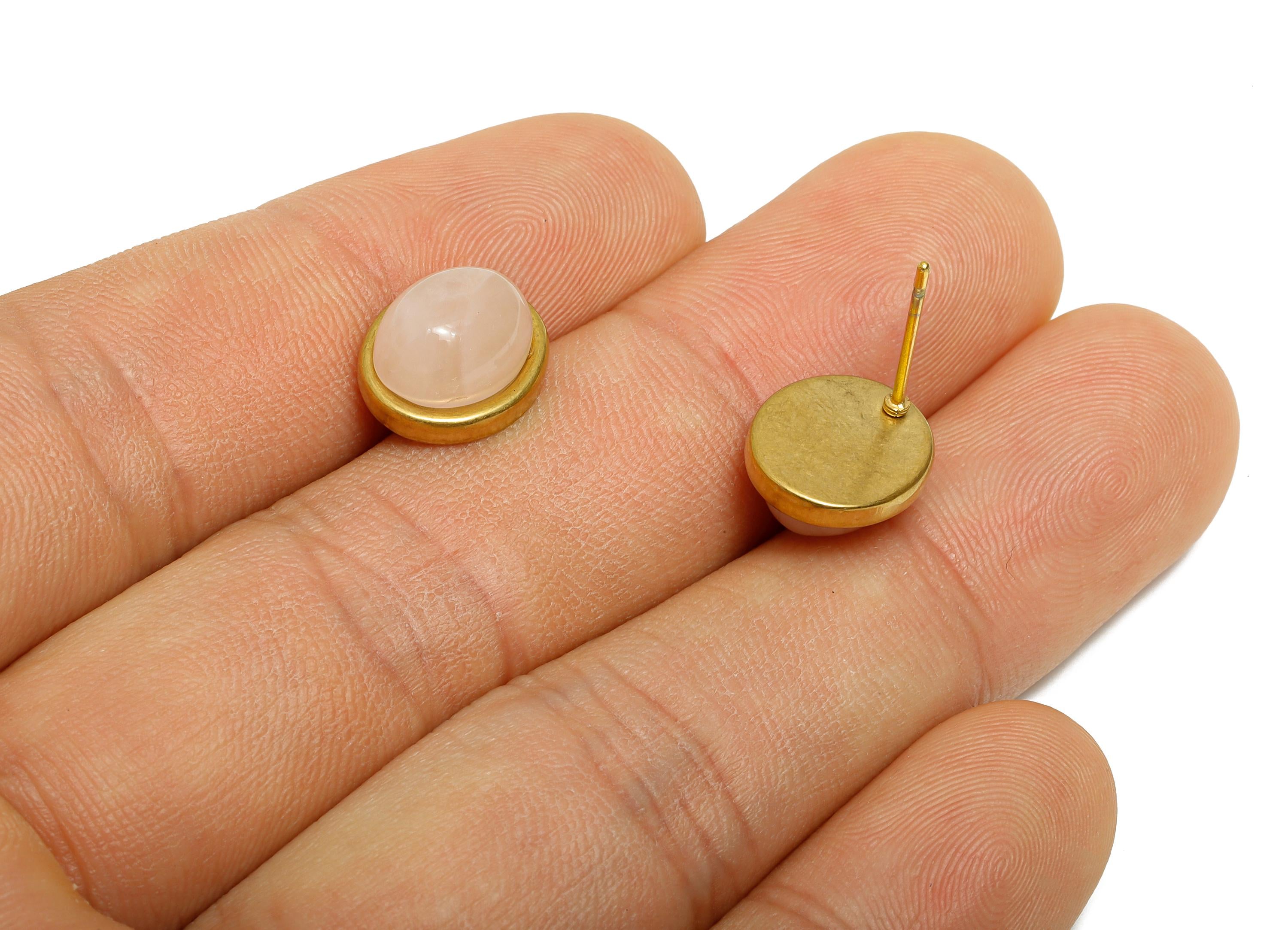 Steel Pink Quartz Stud Earring - Vintage Look Gemstone Stud Earring - Oval Cabochon Earring - 24K Real Vacuum Plating - 12x10x6mm - SS2785 - DOMEDBAZAAR