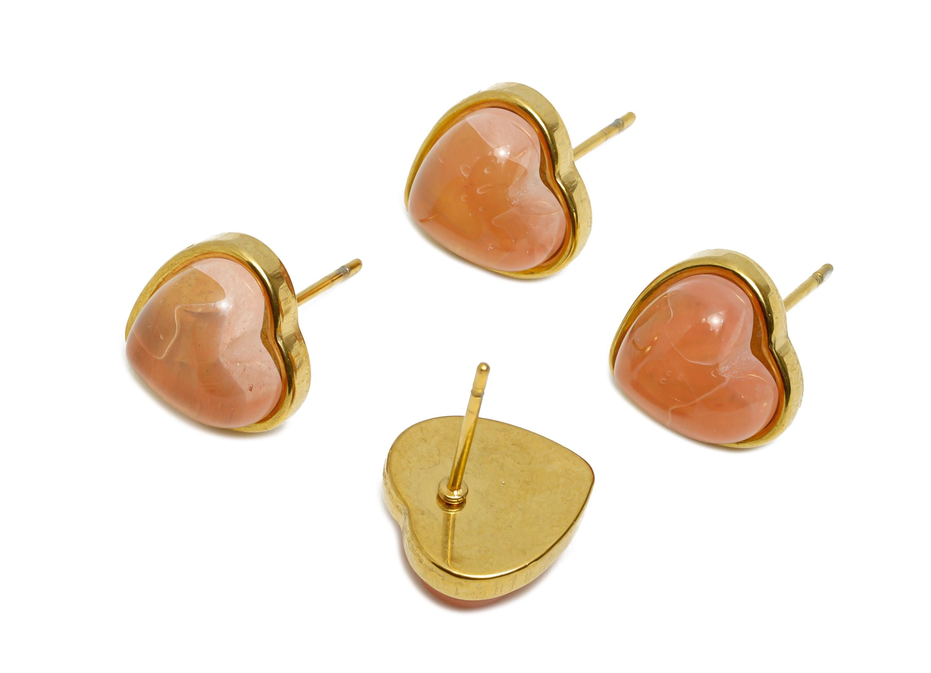 Steel Rose Quartz Stud Earring - Heart Cabochon Earring - Vintage Look Gemstone Stud Earring - 24K Real Vacuum Plating - 12x12x7mm - SS2775 - DOMEDBAZAAR