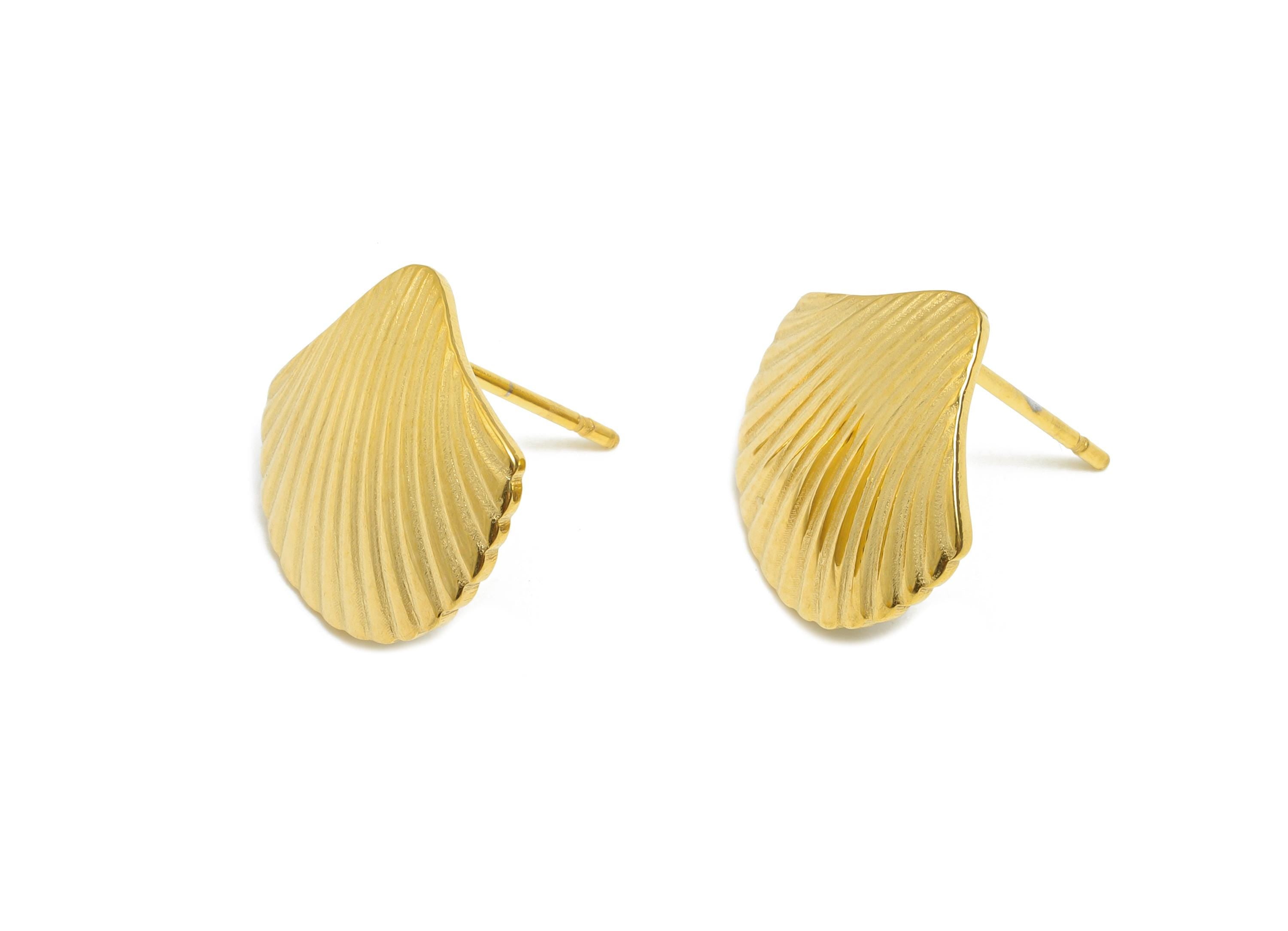 Steel Seashell Stud Earring - Steel Textured Beach Shell Jewelry - Steel Marine Life Earring Post - 24K Vacuum Plating - 14x14x1mm - SS2714G - DOMEDBAZAAR