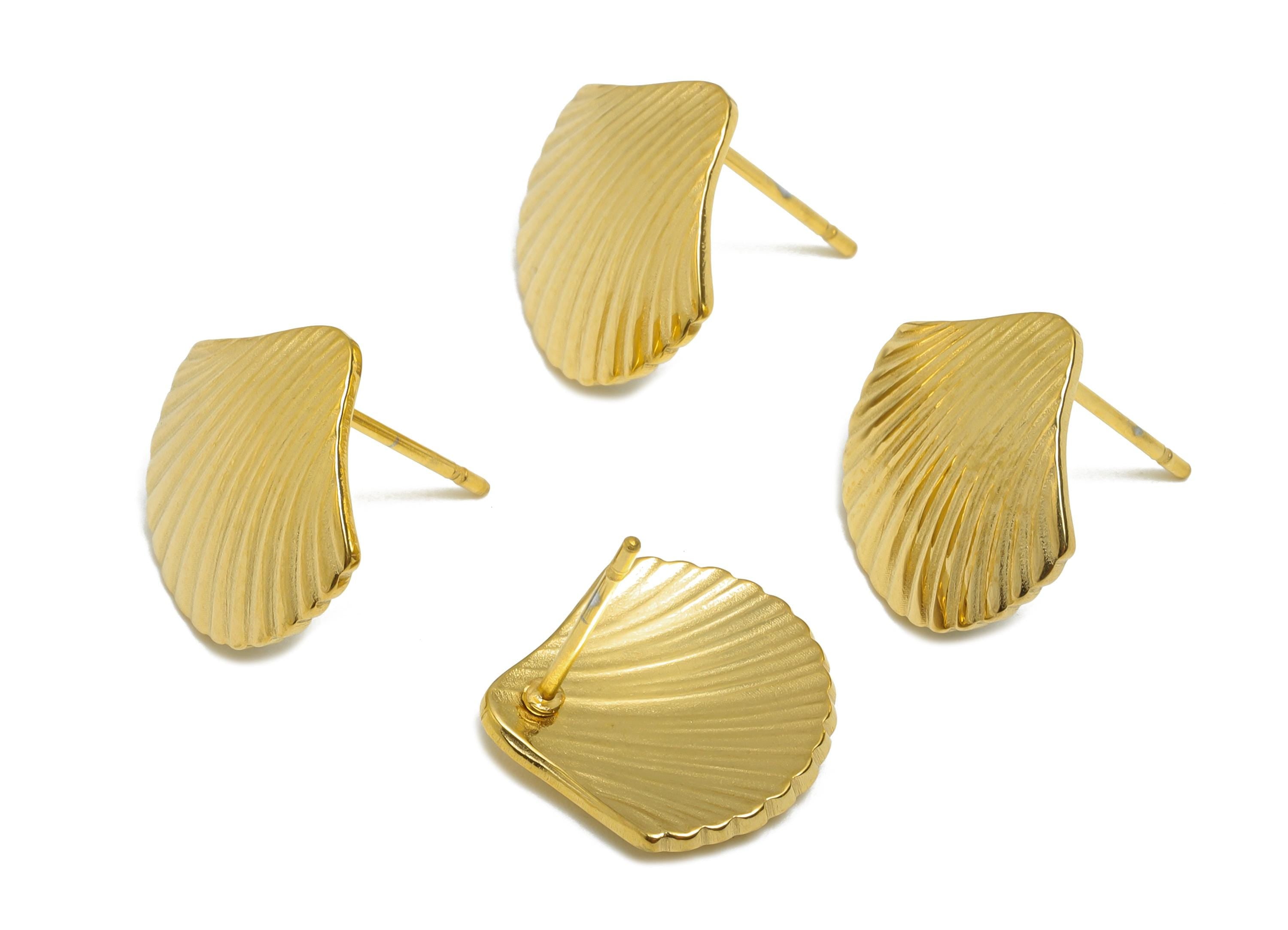 Steel Seashell Stud Earring - Steel Textured Beach Shell Jewelry - Steel Marine Life Earring Post - 24K Vacuum Plating - 14x14x1mm - SS2714G - DOMEDBAZAAR