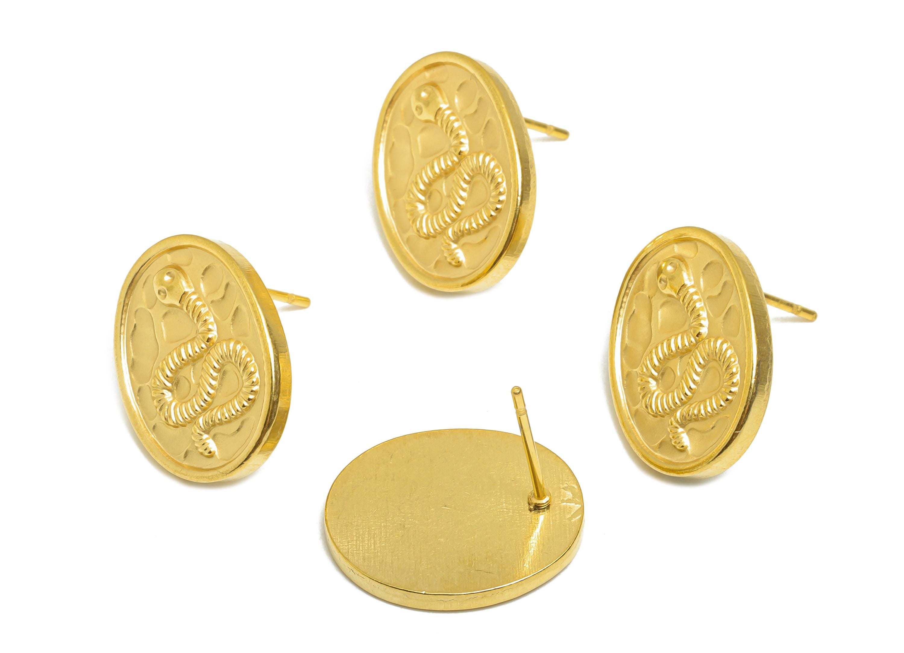 Steel Snake Stud Earring - Steel Textured Oval Snake Stud Earrings - Bold Steel Earring - 24K Real Vacuum Plating - 18x14x2.24mm -SS2715G - DOMEDBAZAAR