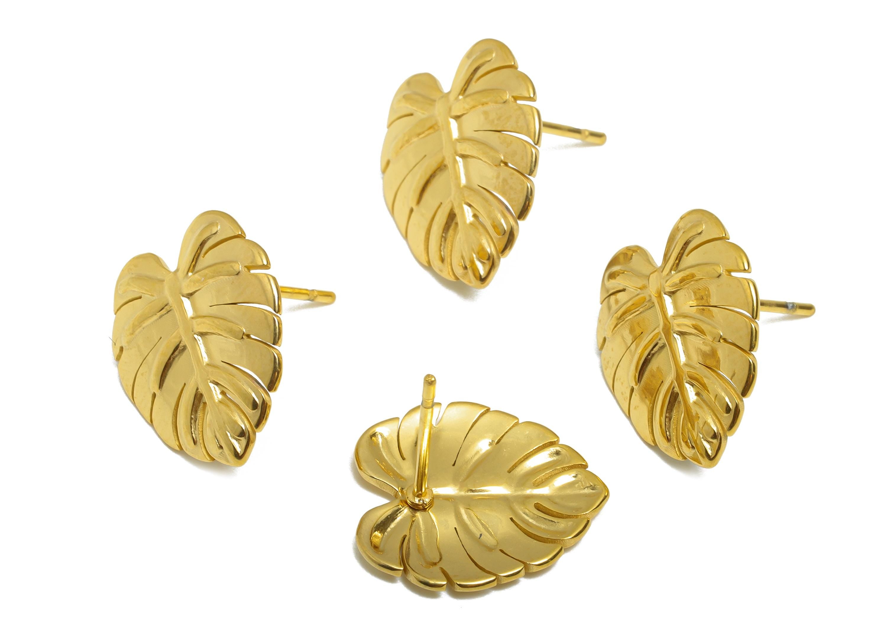 Steel Monstera Leaf Stud Earring - Steel Textured Tropical Leaf Earring - Botanical Earring Post - 24K Real Vacuum Plating-15x14x1mm-SS2733G - DOMEDBAZAAR