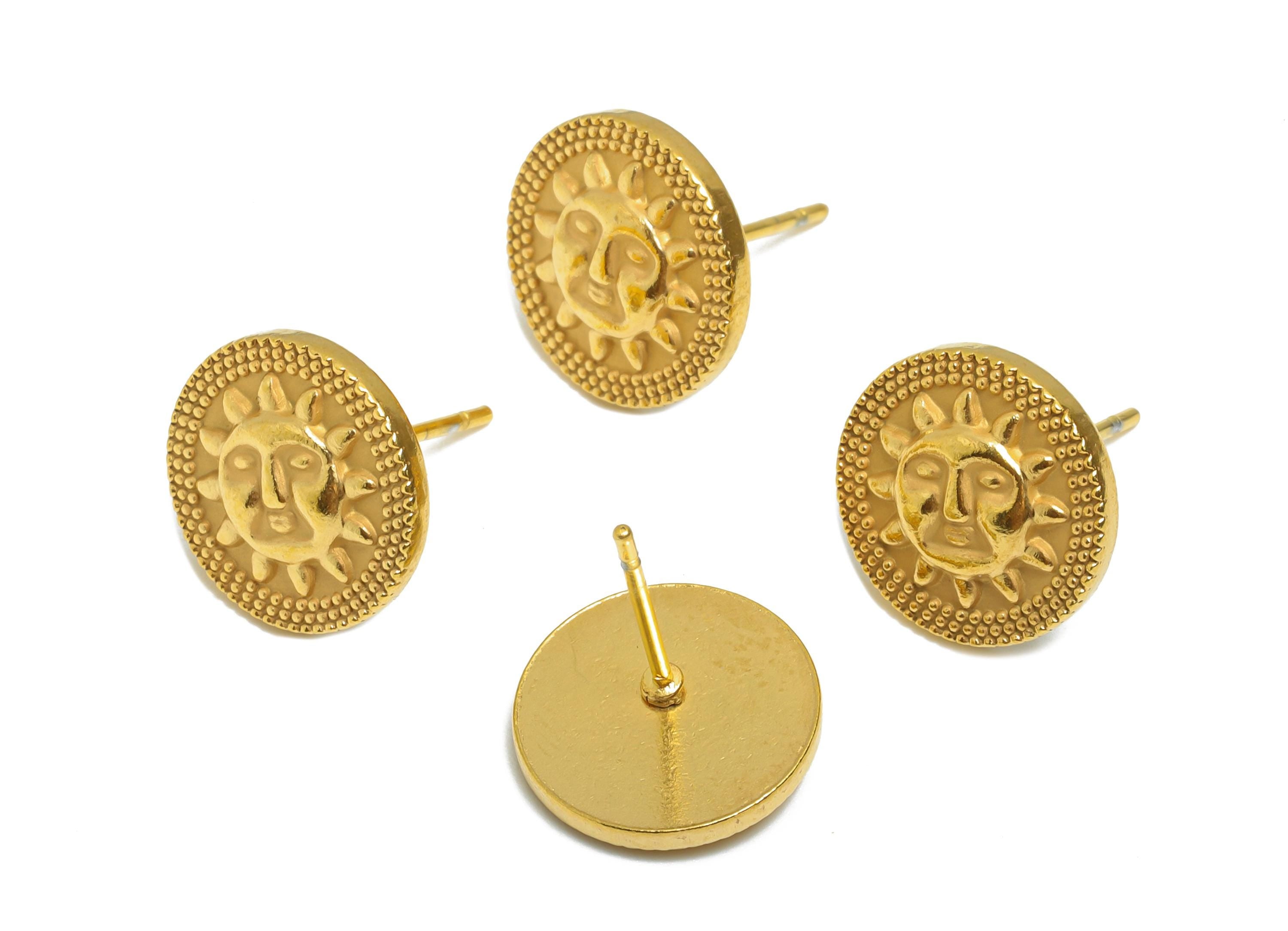 Steel Sun Face Stud Earring - Steel Round Celestial Stud Earrings - Bold Sunburst Earrings - 24K Real Vacuum Plating - 12x12x2.6mm -SS2728G - DOMEDBAZAAR
