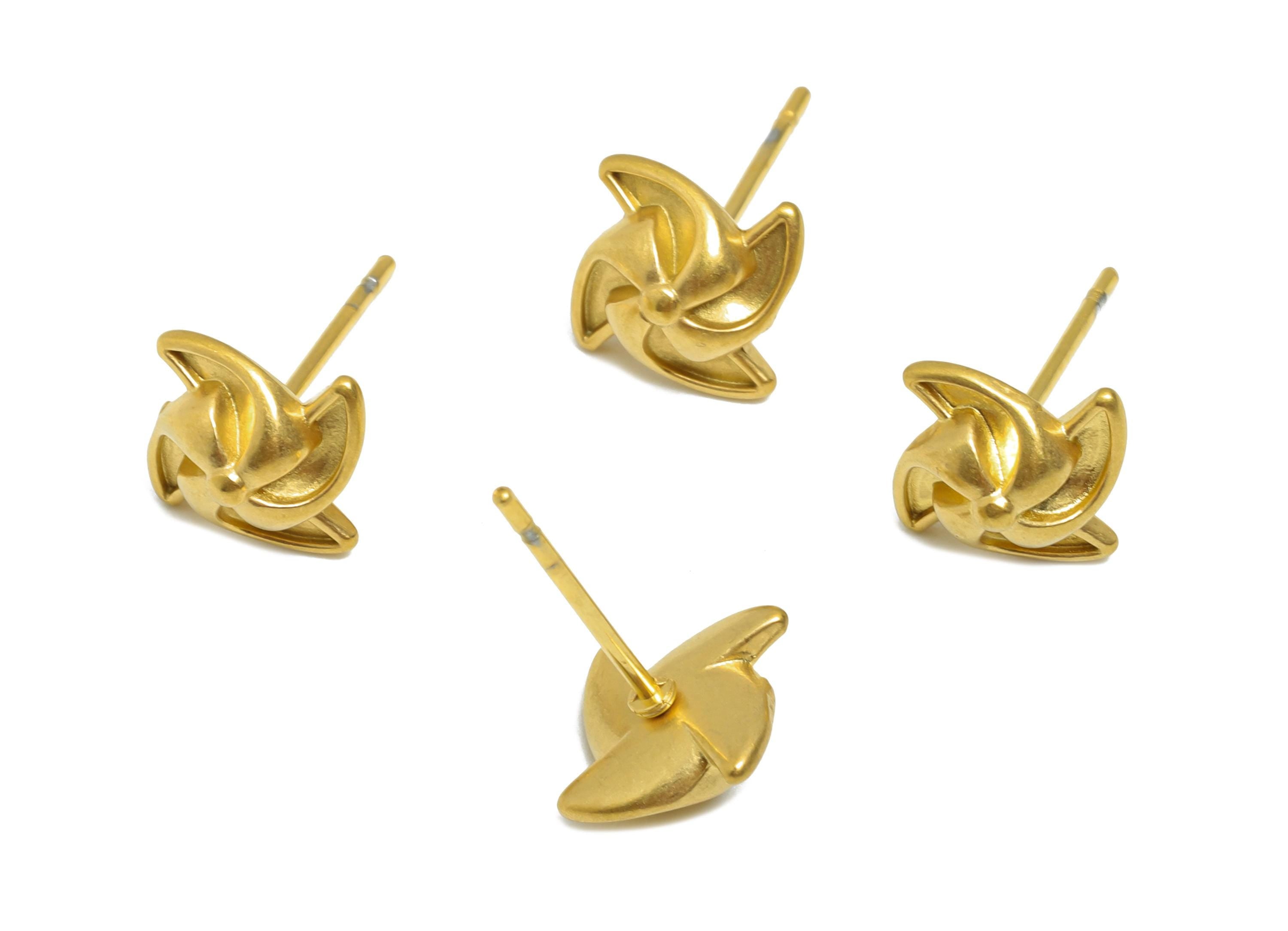Steel Pinwheel Stud Earring - Steel Windmill Earring Stud - Geometric Whimsical Stud Earring - 24K Real Vacuum Plating - 10x9x3mm - SS2720G - DOMEDBAZAAR
