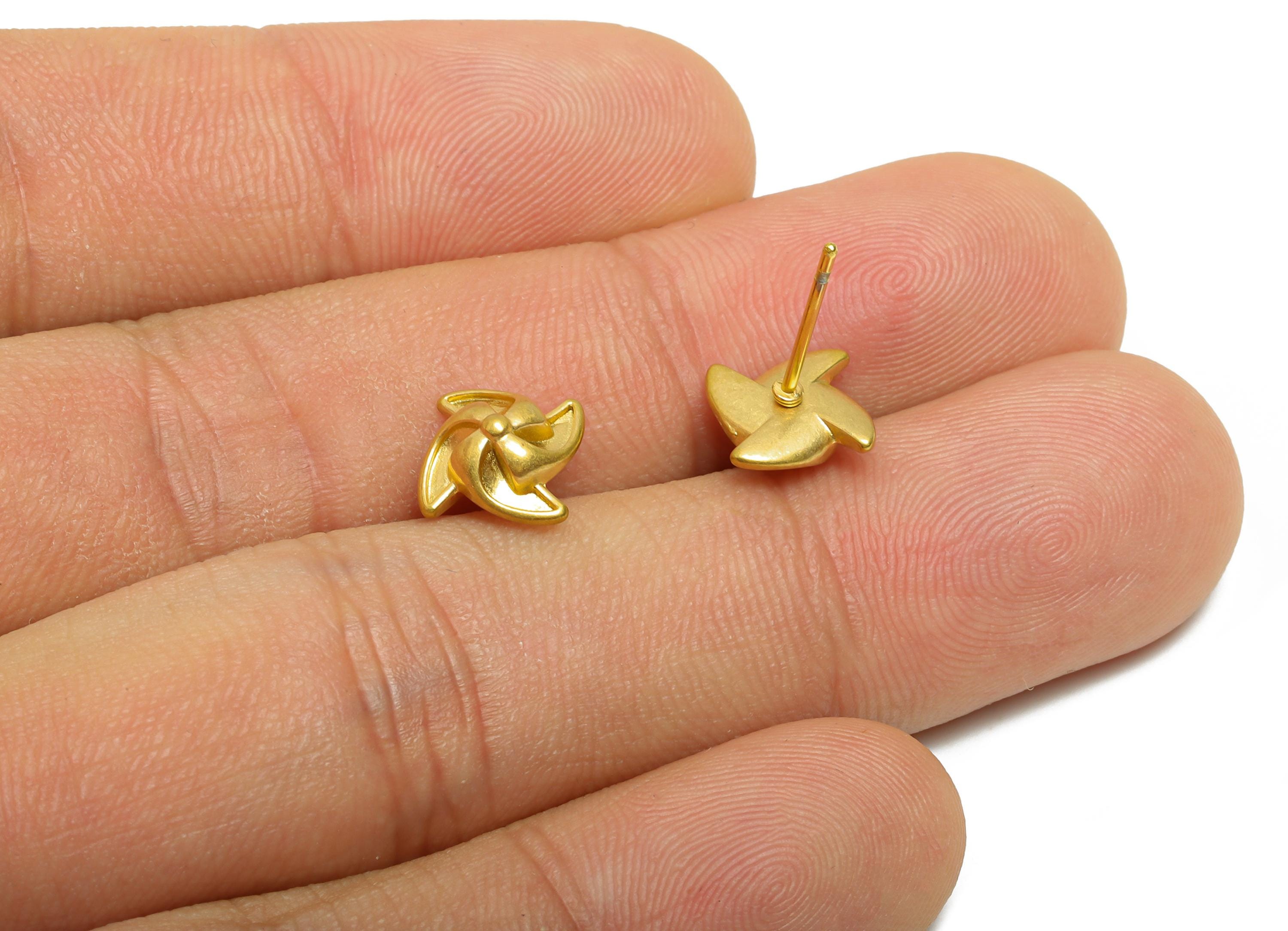 Steel Pinwheel Stud Earring - Steel Windmill Earring Stud - Geometric Whimsical Stud Earring - 24K Real Vacuum Plating - 10x9x3mm - SS2720G - DOMEDBAZAAR