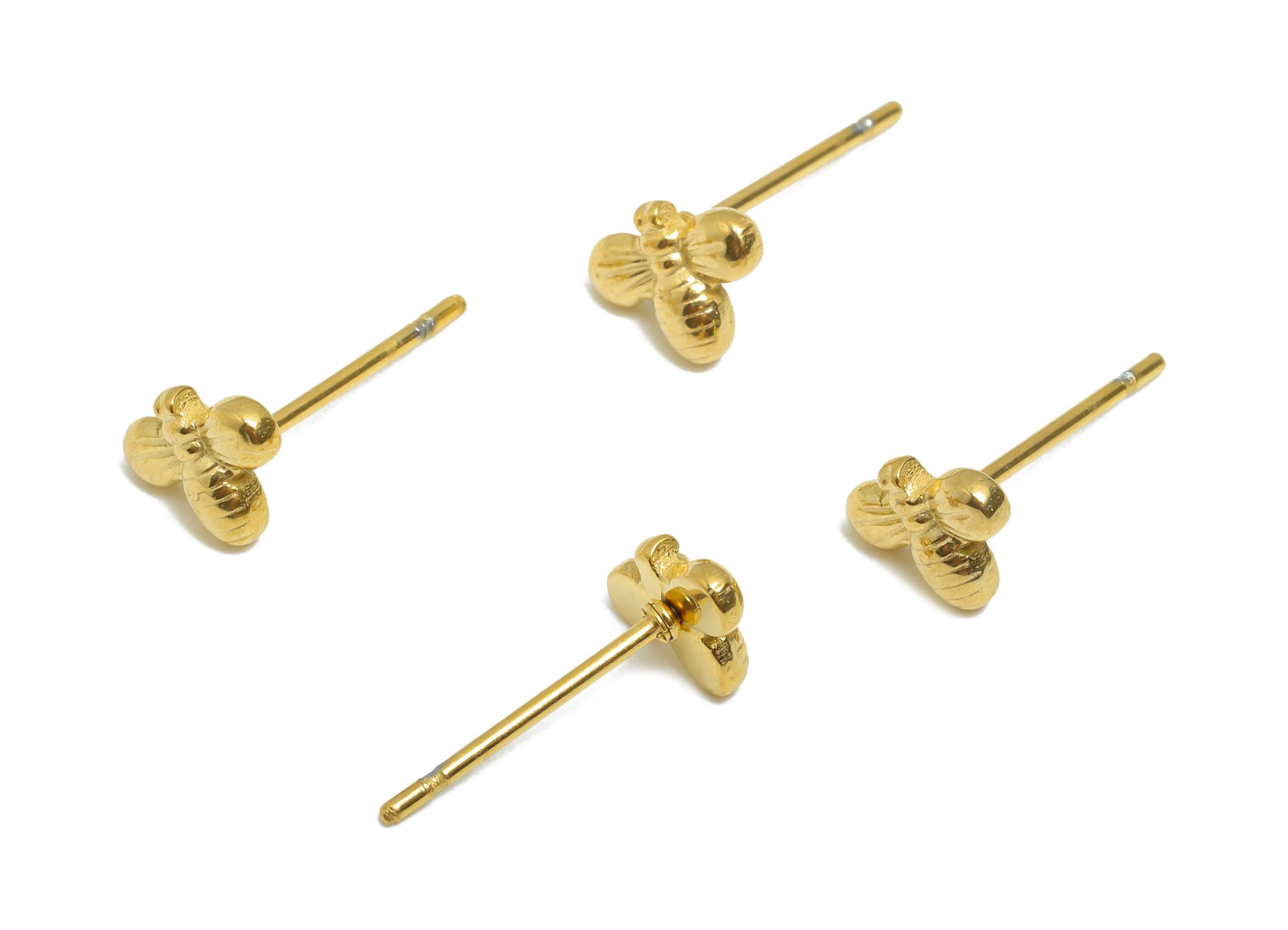 Steel Bee Stud Earring - Steel Tiny Bee Earring Stud - Textured Whimsical Stud Earring - 24K Real Vacuum Plating - 10x9x3.44mm - SS2723G - DOMEDBAZAAR