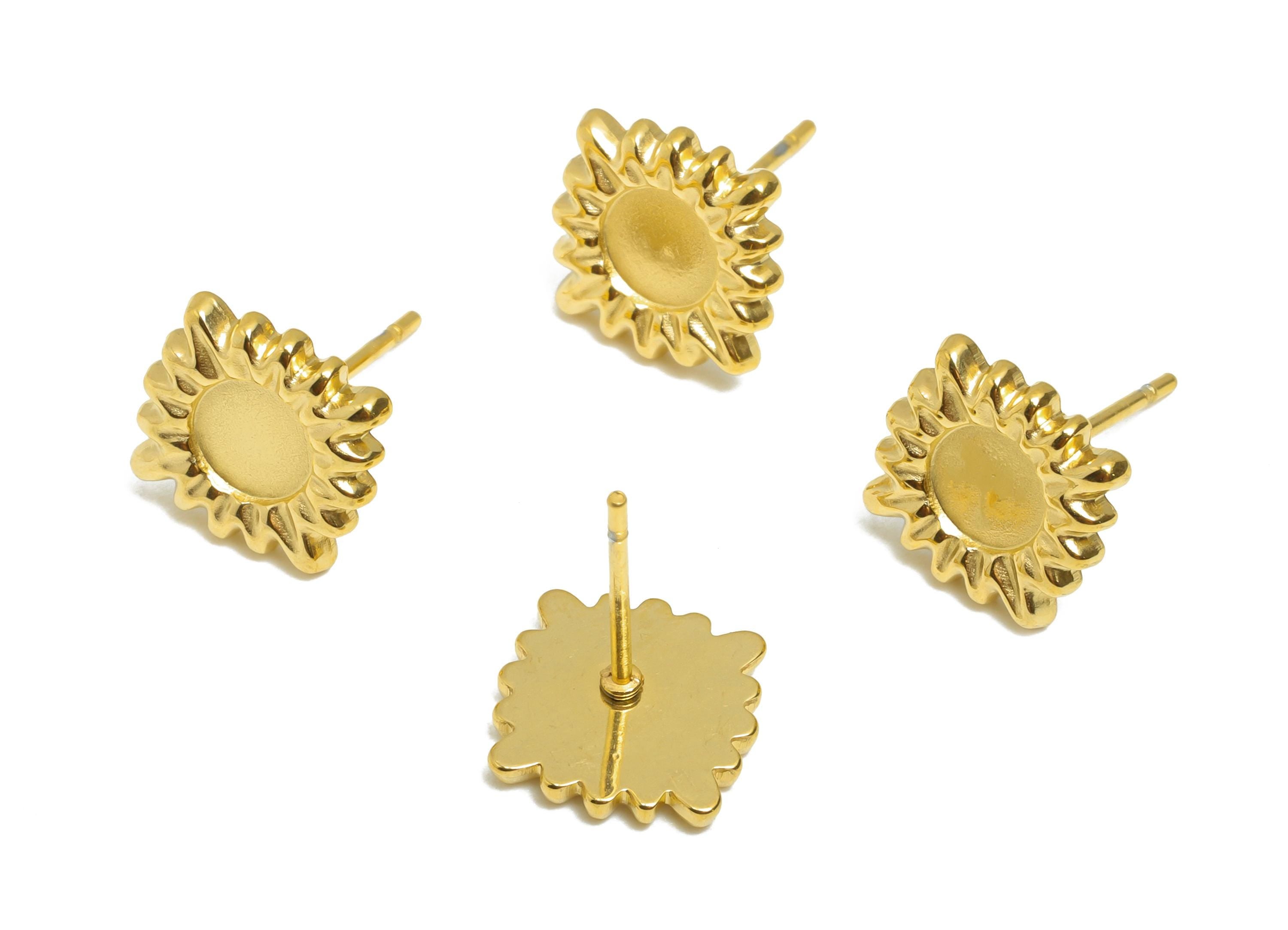 Steel Sun Stud Earring - Steel Sunshine Earring For DIY Bead - Steel Celestial Stud Earring - 24K Real Vacuum Plating - 12x12x1mm - SS2717G - DOMEDBAZAAR