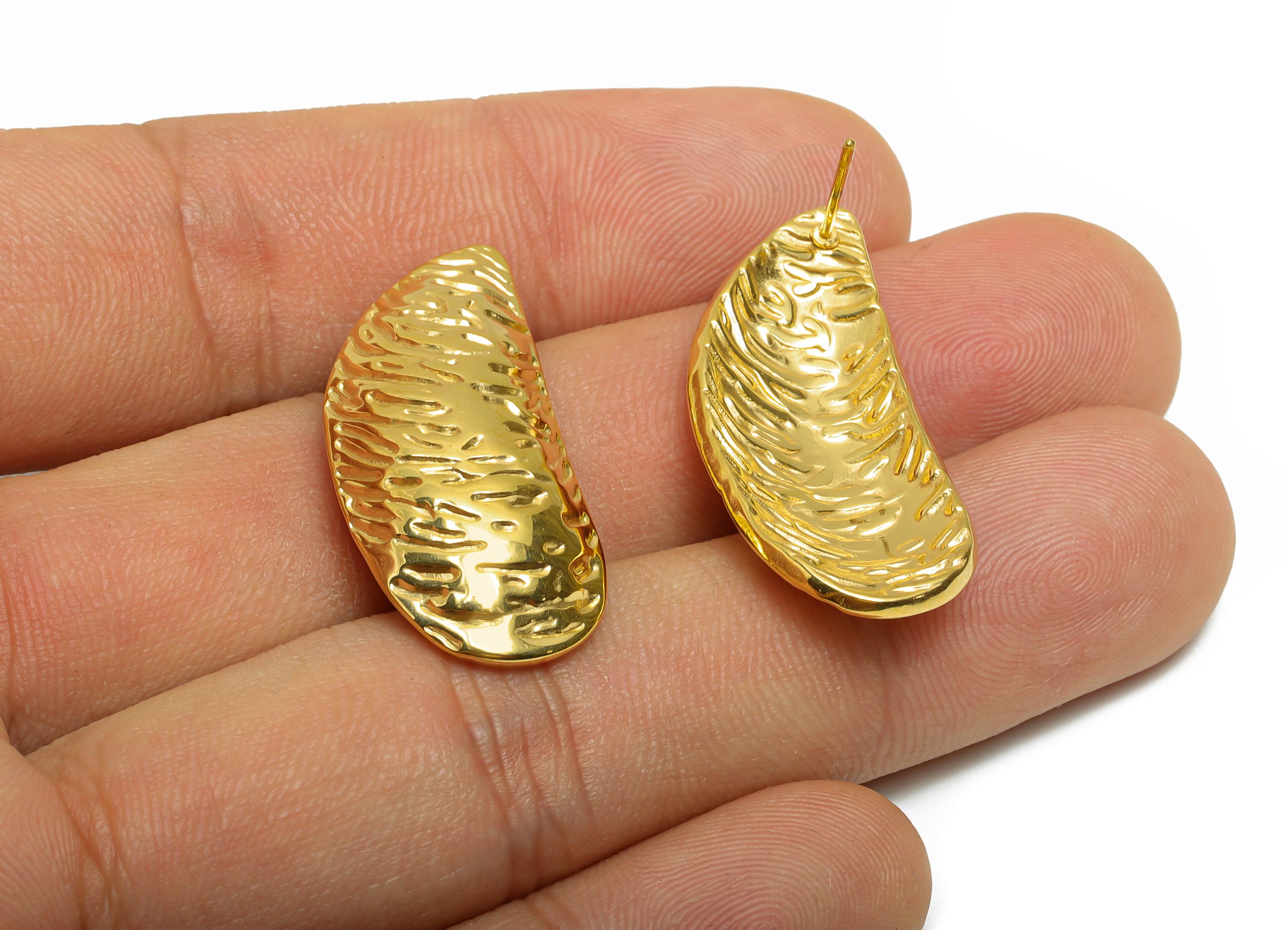 Steel Abstract Stud Earring - Steel Textured Earring Post - Steel Handcrafted Look Earring - 24K Real Gold Plating - 12x12x1mm - SS2712G - DOMEDBAZAAR