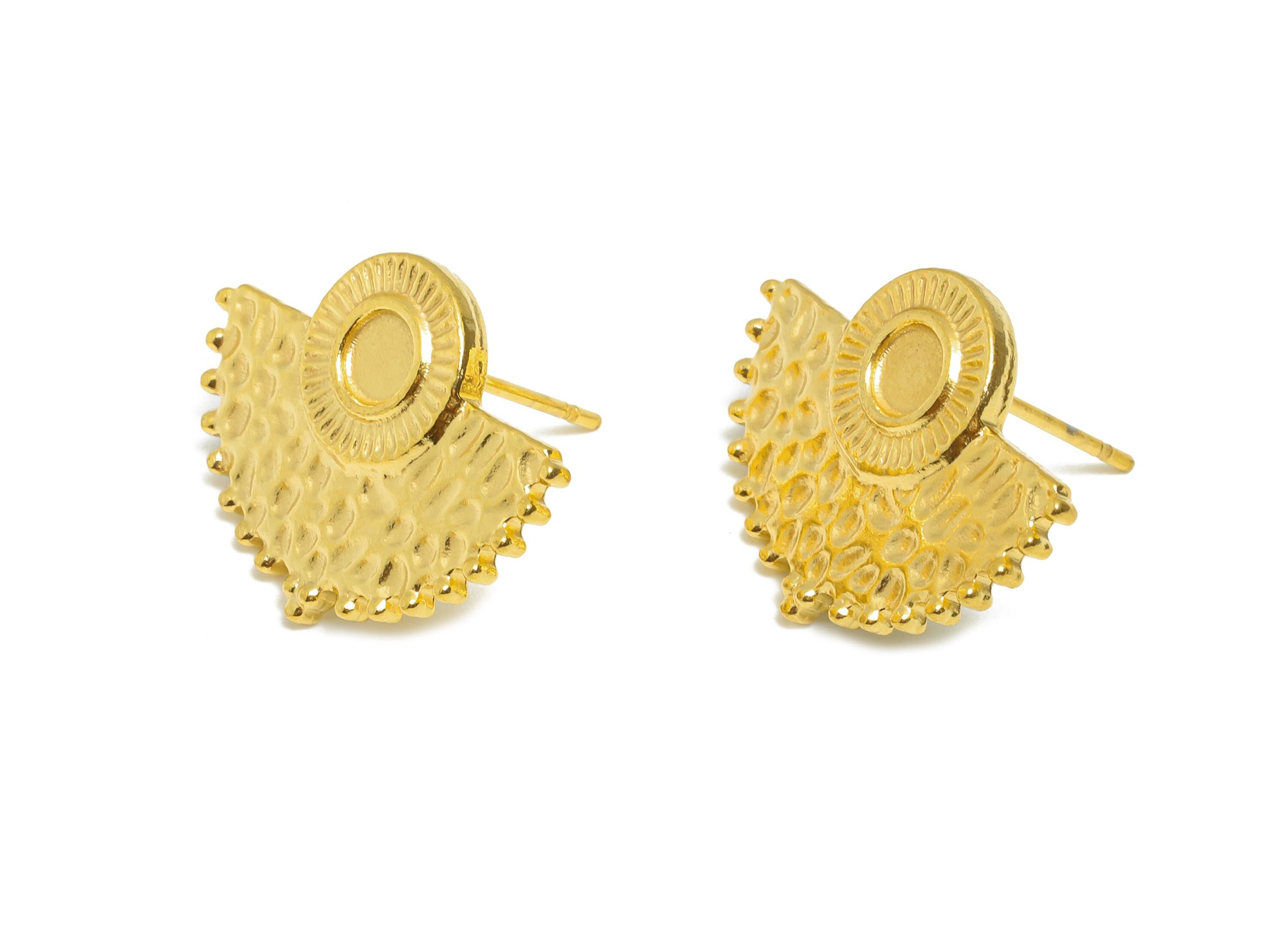 Steel Fan Stud Earring - Steel Hammered Fan Earring For DIY Bead - Geometric Stud Earring - 24K Real Vacuum Plating - 22x16x2mm - SS2731G - DOMEDBAZAAR