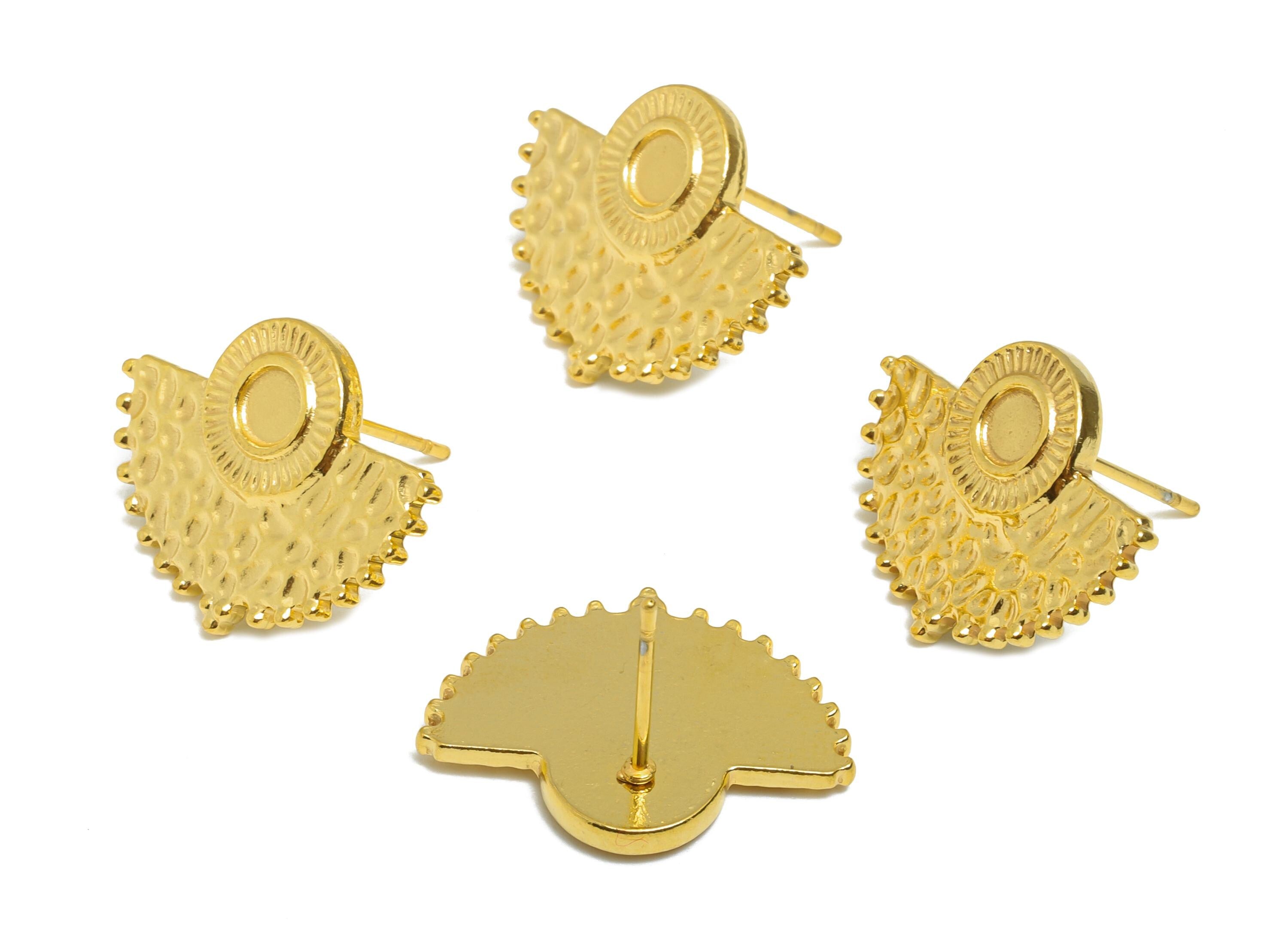 Steel Fan Stud Earring - Steel Hammered Fan Earring For DIY Bead - Geometric Stud Earring - 24K Real Vacuum Plating - 22x16x2mm - SS2731G - DOMEDBAZAAR