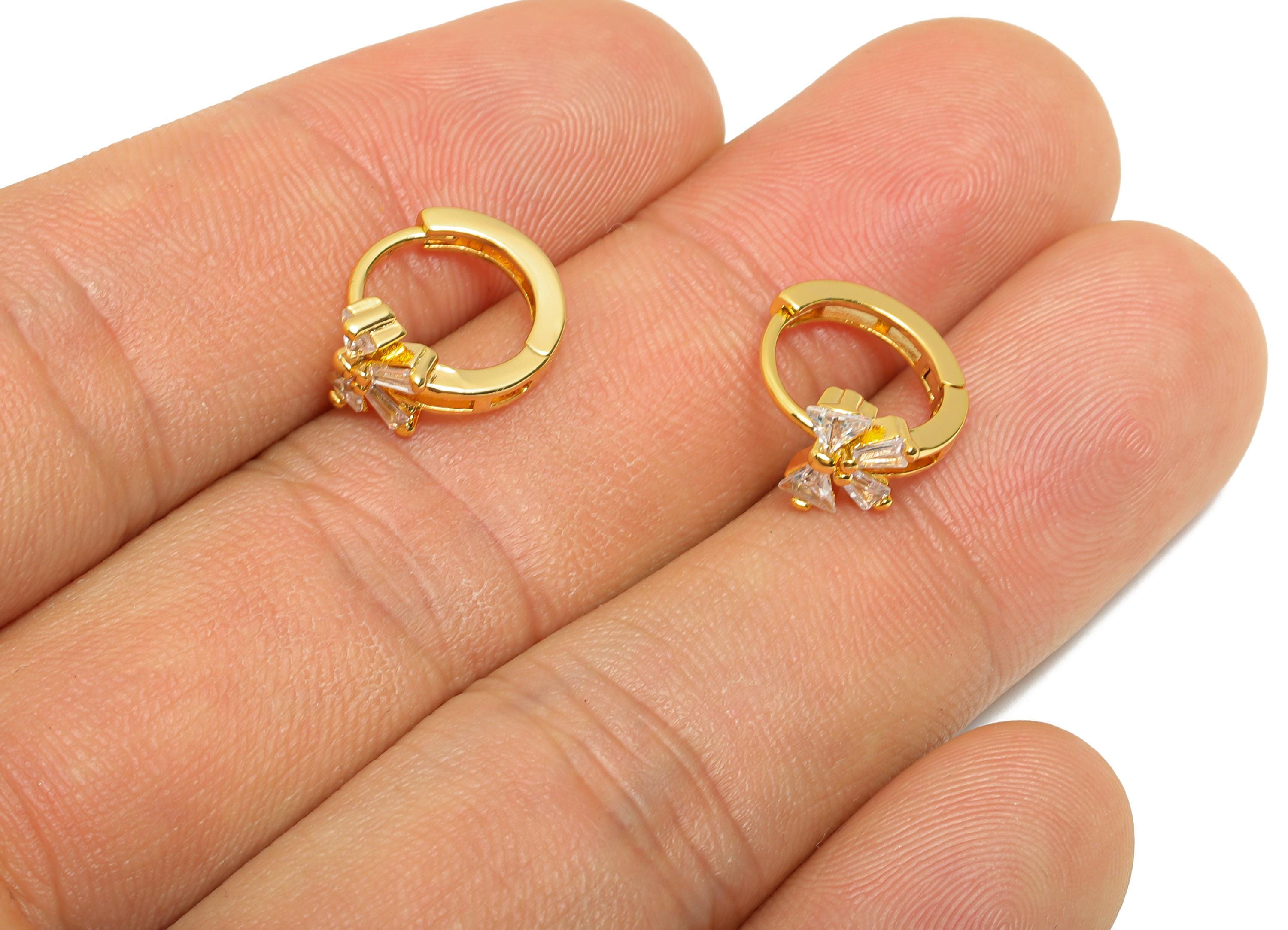 Brass CZ Bow Huggie Hoop Earring - Brass Butterfly Bow Earring - Sparkling Zircon Hoop Clasp - 18K Real Gold Plated - 8x6x1.68mm - RGP10877 - DOMEDBAZAAR
