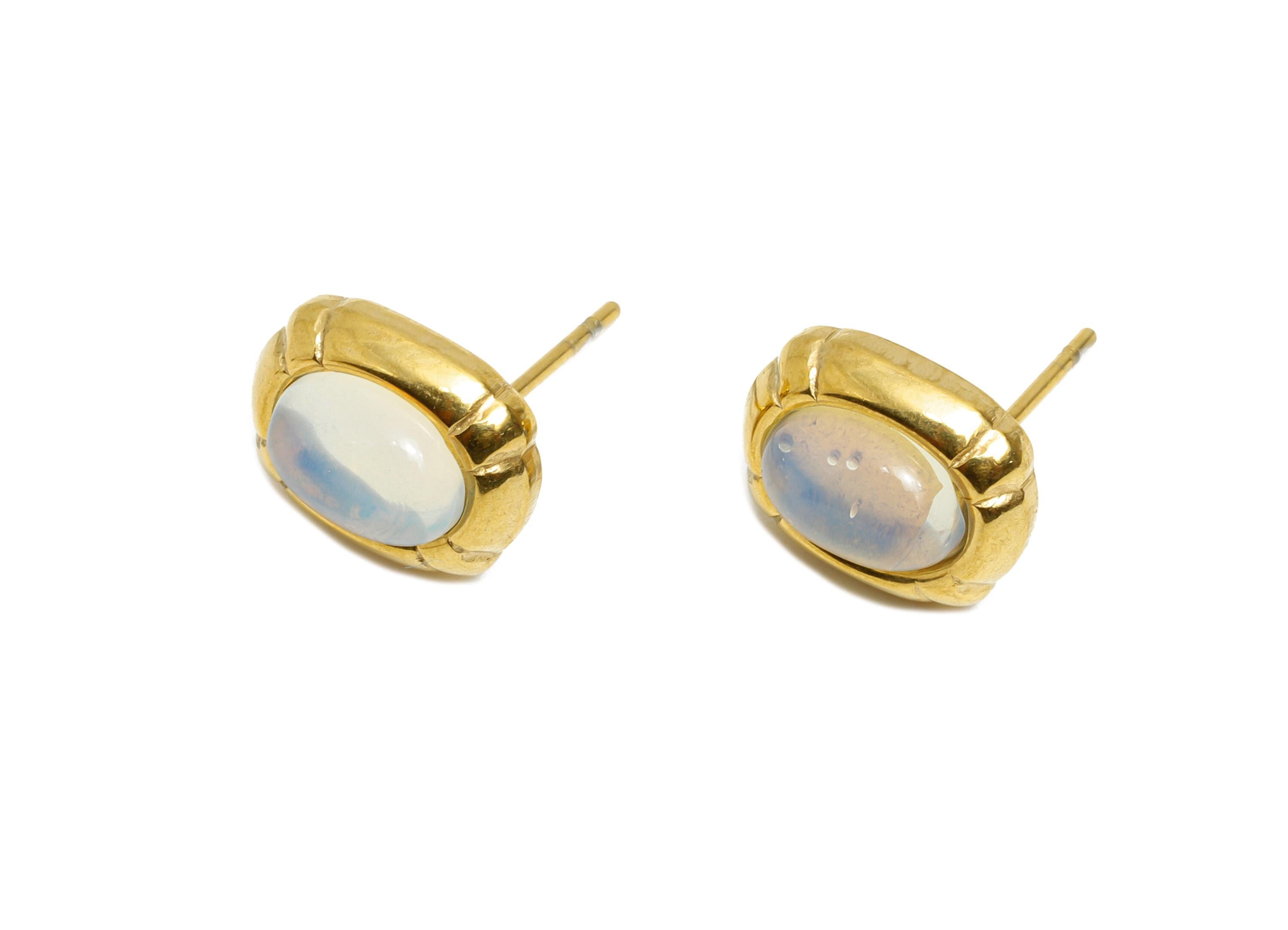 Steel Opalite Stone Stud Earring - Vintage Stud Earring - Antique Look Cabochon Earring - 24K Real Vacuum Plating - 11.88x9x5.87mm - SS2777 - DOMEDBAZAAR