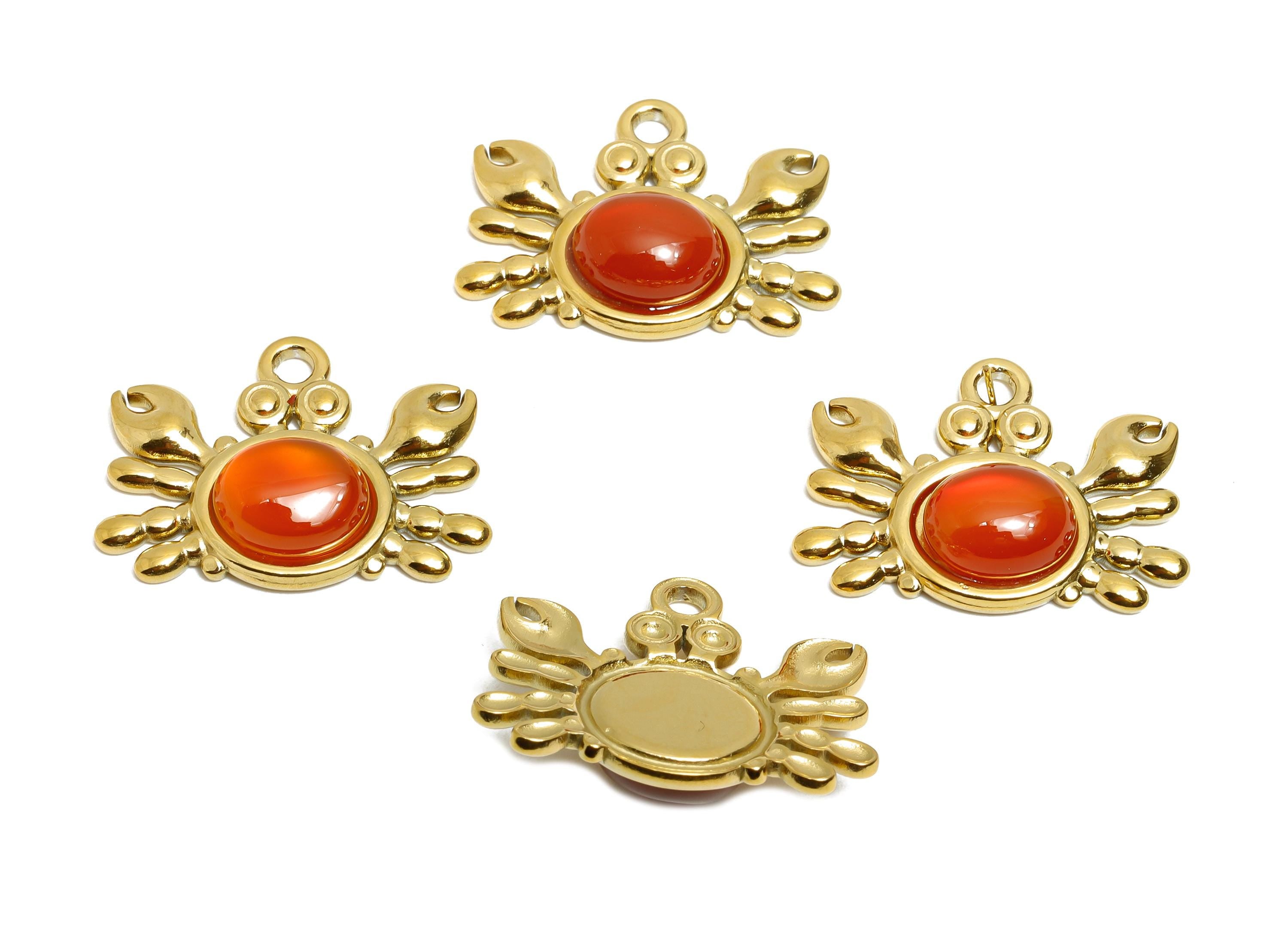 Steel Crab Pendant Charm - Red Agate Stone Vintage Pendant - Marine Life Steel Gemstone Charm - 24K Real Vacuum Plating - 19x24x5mm - SS2778 - DOMEDBAZAAR