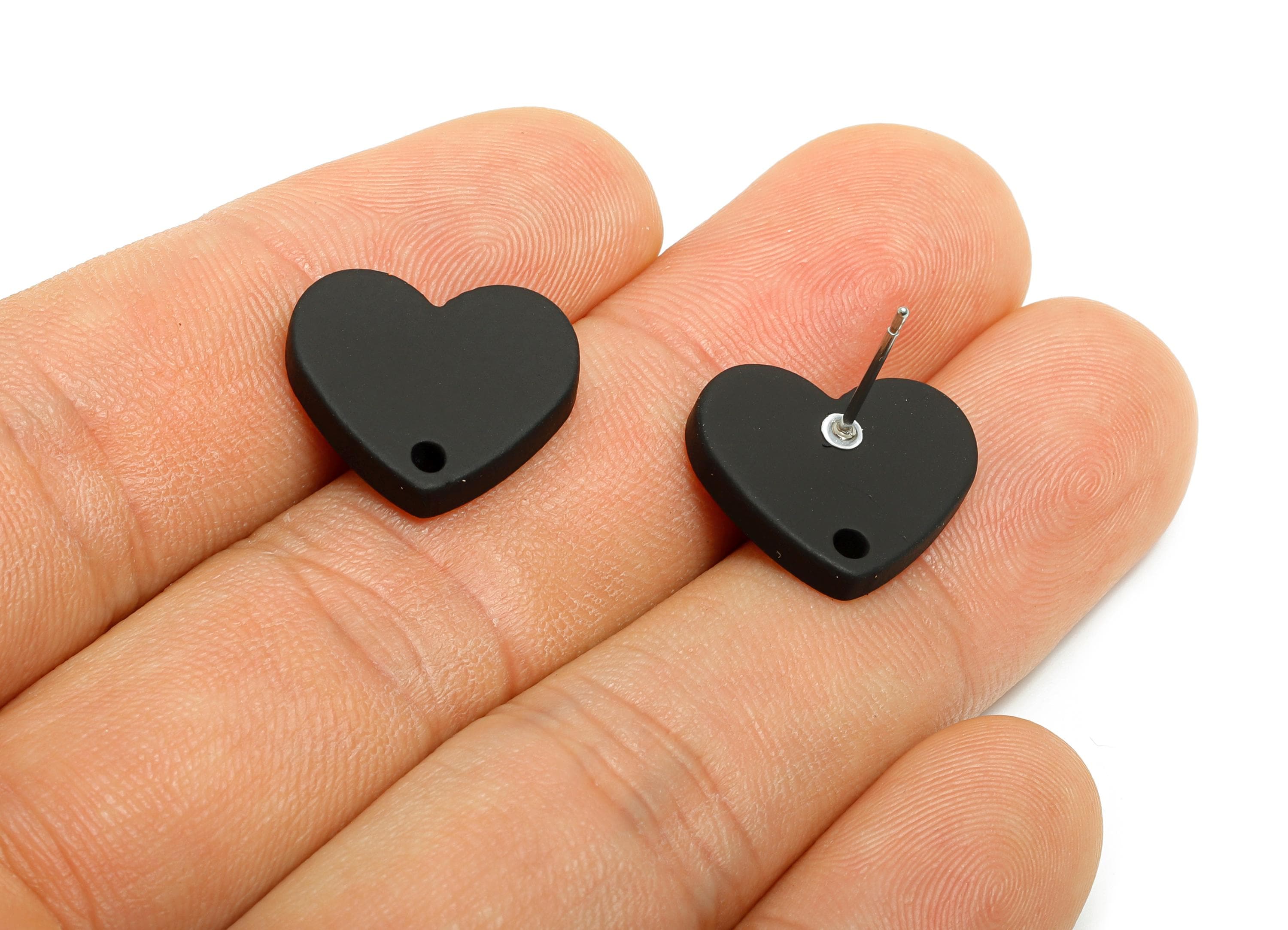 Acrylic Black Heart Stud - Matte Modern Heart Earring Stud - Handmade Color Earring Base - Color Code: A1052 - 14x16x2mm - AC3645-A1052 - DOMEDBAZAAR