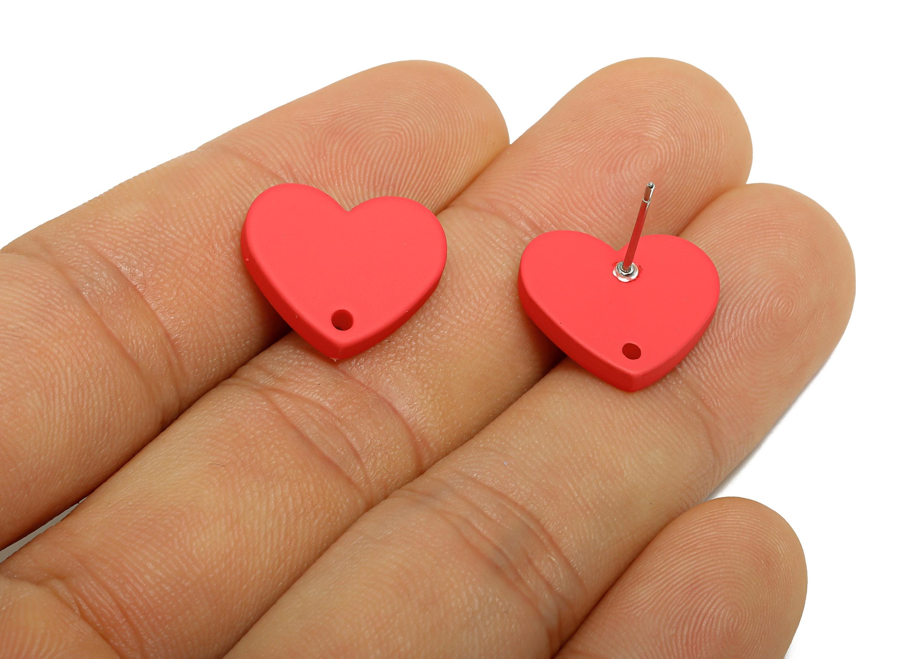 Acrylic Rose Red Heart Stud - Matte Modern Heart Earring Stud - Handmade Color Earring Base - Color Code: A1055 - 14x16x2mm - AC3645-A1055 - DOMEDBAZAAR