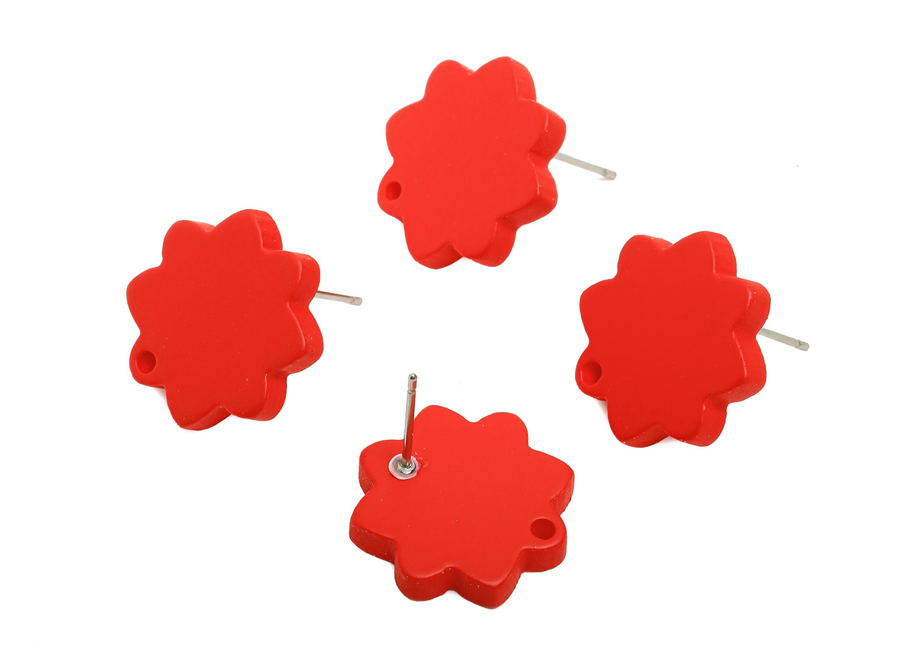 Acrylic Red Flower Earring Stud - Minimalist Matte Earring Stud With Hole - DIY Earring Base - Color Code: A1054 -14x14x2mm -AC3641-A1054 - DOMEDBAZAAR