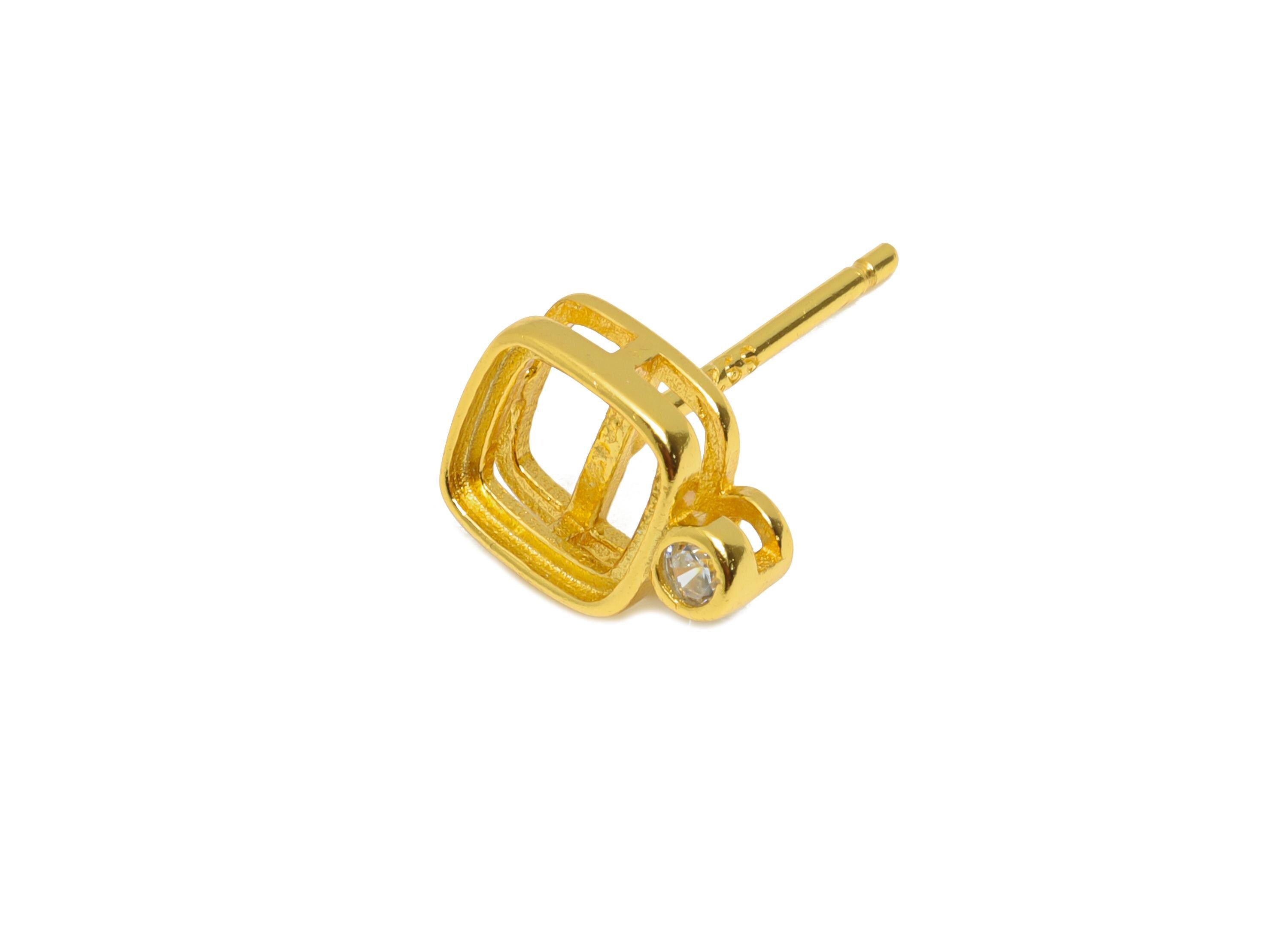 5*5mm Square Earring Setting Post - 925 Sterling Silver Stud with Zircon - Geometric Earring Post for Diamond - 18K Real Gold Plated -SI1055