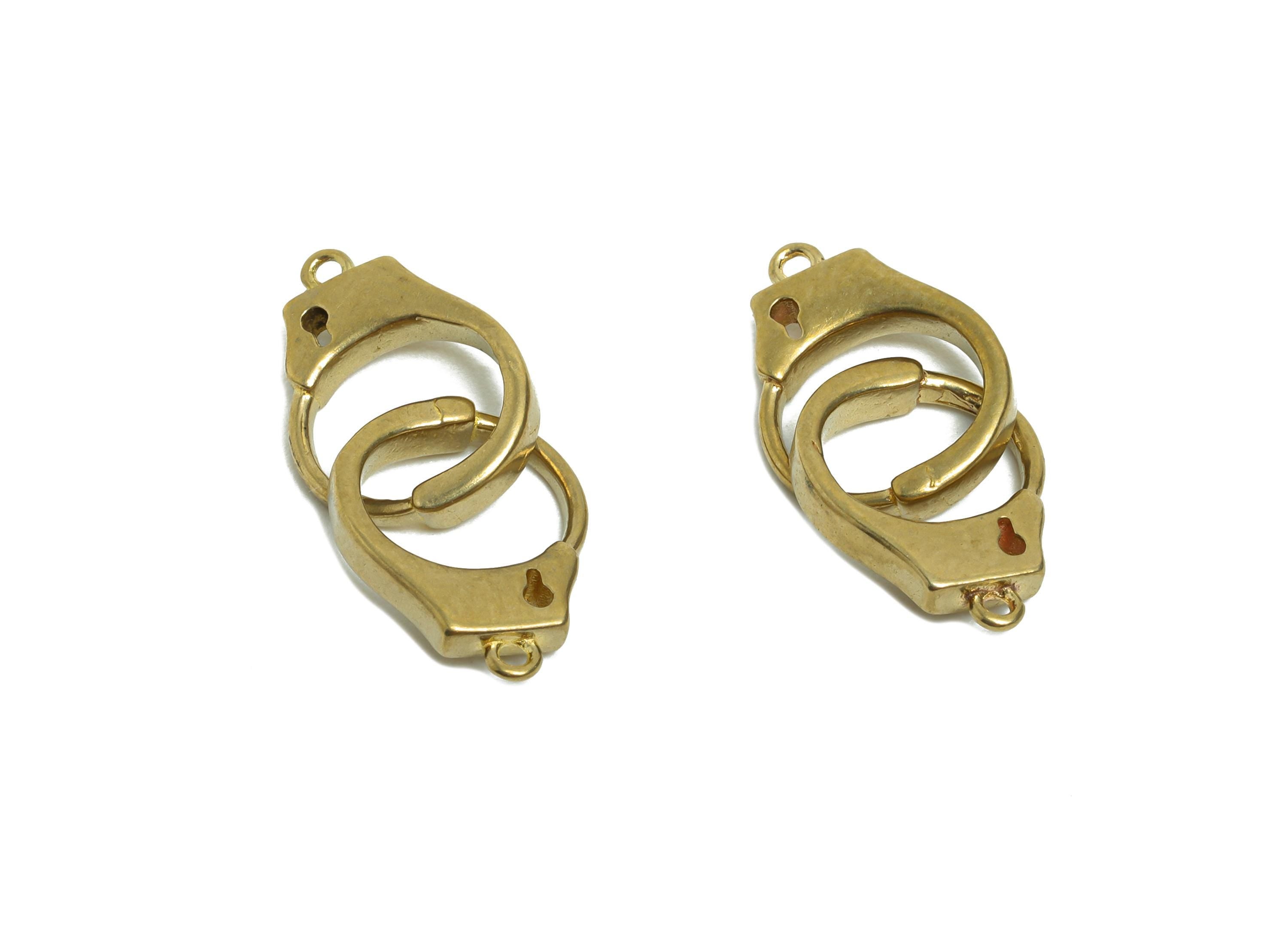Brass Handcuff Connector Charm - Raw Brass Interlocked Handcuffs - Fashion Accessory Component - Lock And Key Jewelry - 21x9x2mm - PP10772 - DOMEDBAZAAR