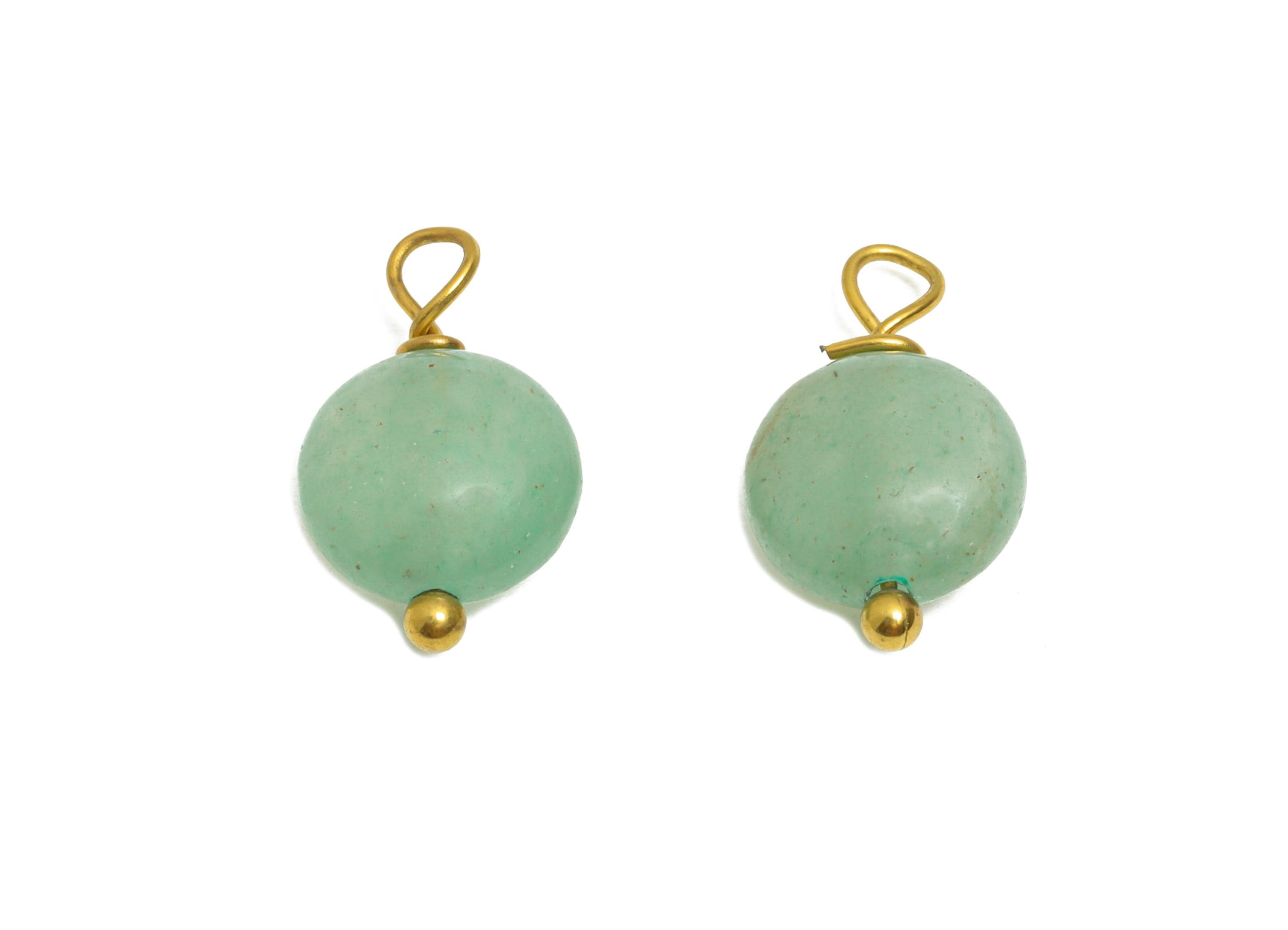 Green Aventurine Charm - Steel Natural Round Stone Bracelet Pendant - Healing Stone Jewelry - 18K Gold Vacuum Plated - 13.6x8.5x4.8mm-NS3027 - DOMEDBAZAAR