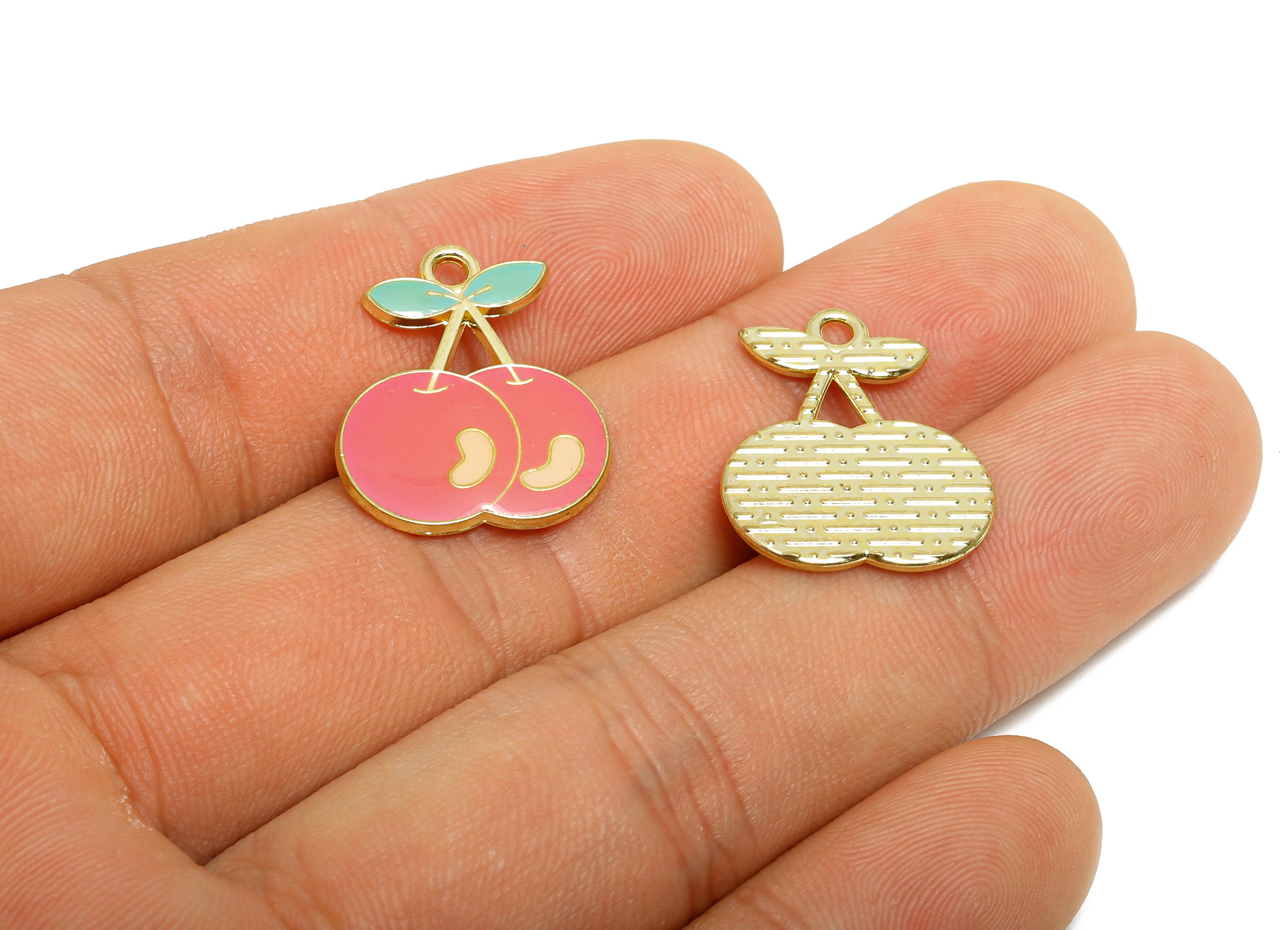 Alloy Pink Enamel Cherry Pendant - Colorful Kawaii Jewelry Accessory - Enamel Fruit Accessory - Craft Jewelry Making - 10x8x4.94mm - AC3580C