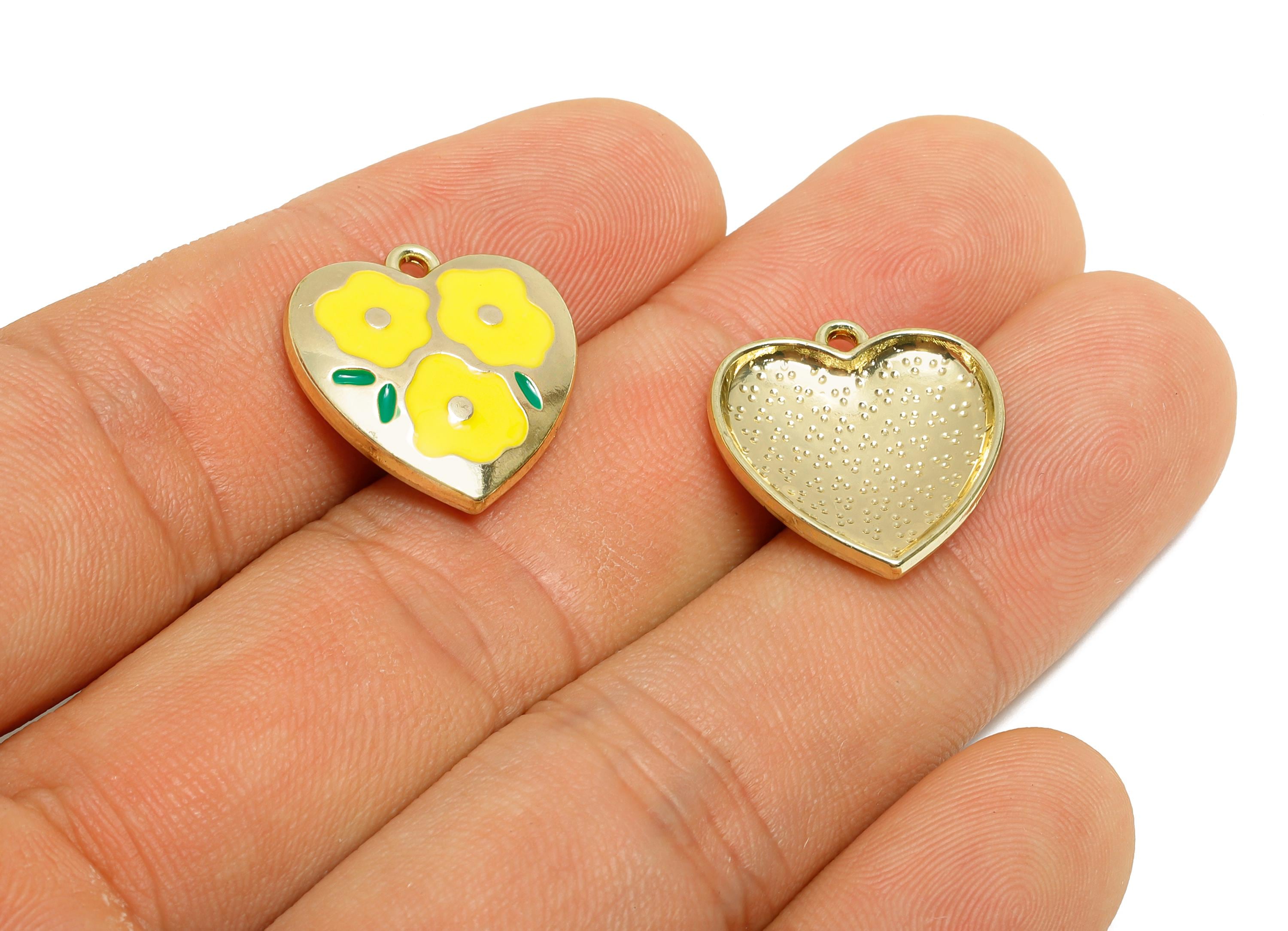Alloy Enamel Flower Pendant - Colorful Heart Yellow Floral Jewelry - Romantic Heart Pendant - Craft Jewelry Making - 19x18x3.32mm - AC3577A