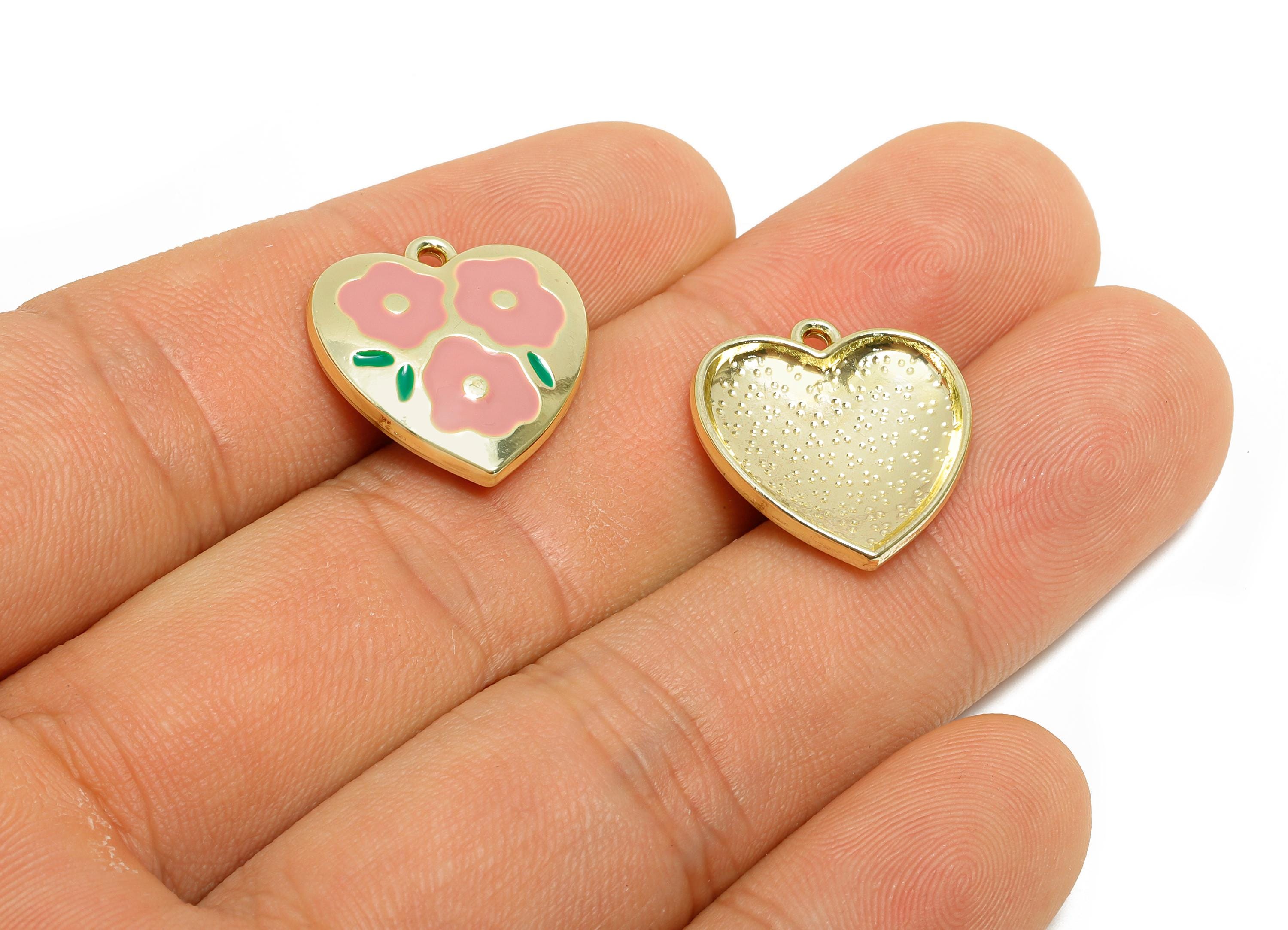 Alloy Enamel Flower Pendant - Colorful Heart Pink Floral Jewelry - Romantic Heart Pendant - Craft Jewelry Making - 19x18x3.32mm - AC3577B