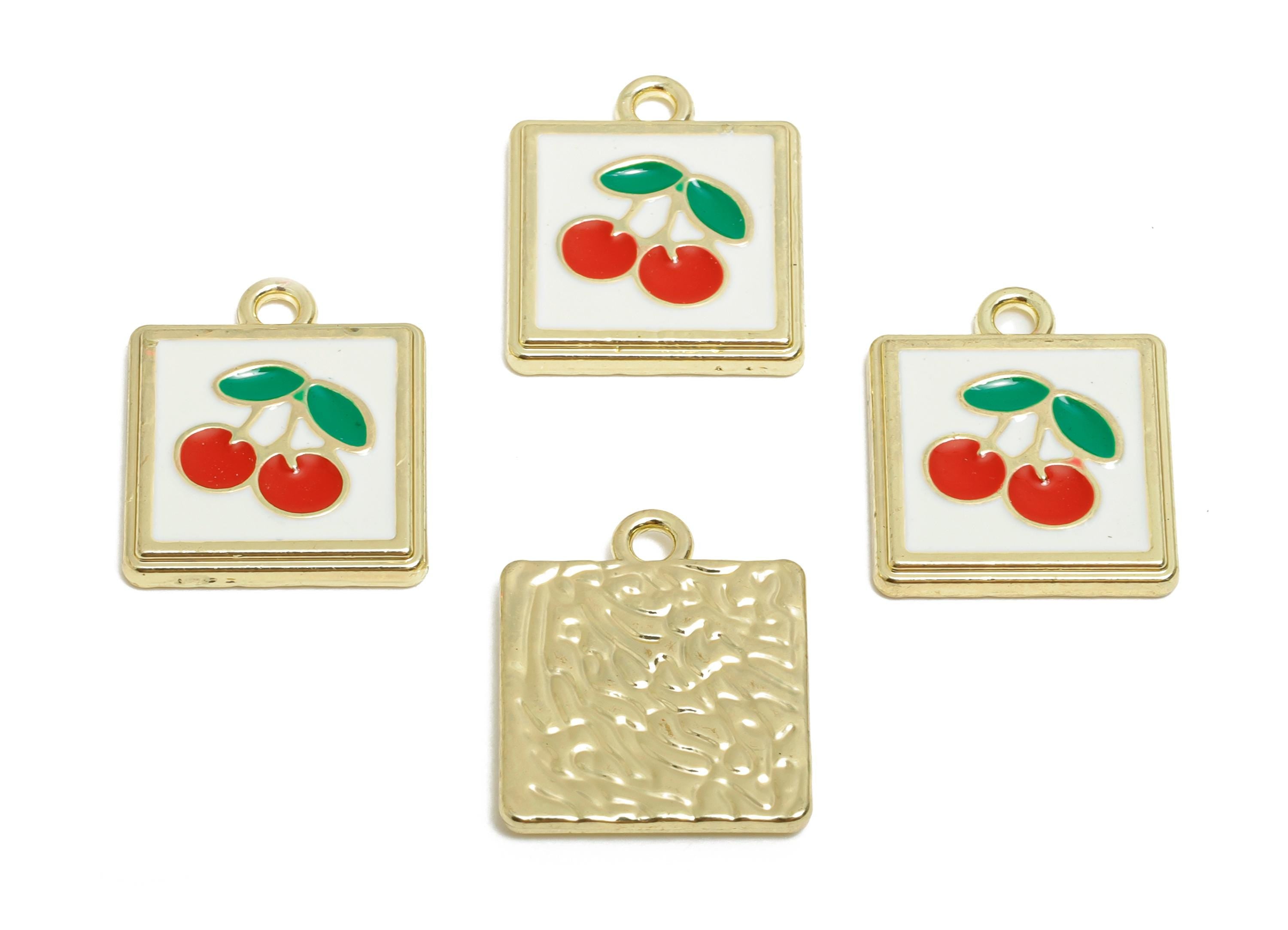 Alloy Cherry Square Charm - Cute Enamel Fruit Pendant - Enamel Jewelry Accessory - Metal Craft Supply - KC Gold Plated - 18x15x2mm - AC3573