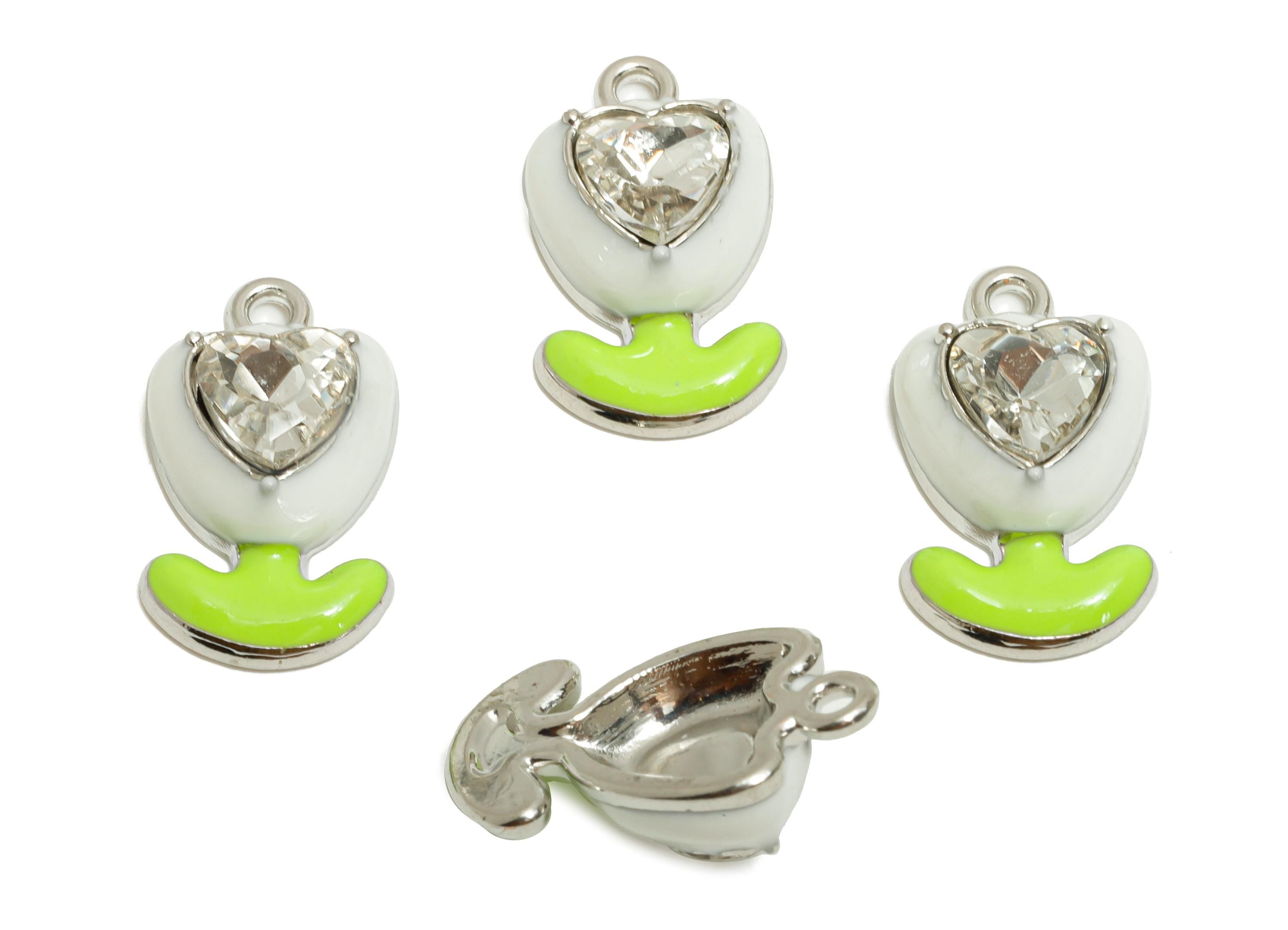 Alloy Heart Crystal Flower Charm - White Enamel Flower Pendant - Modern Kawaii Flower - Trendy Craft Jewelry Making - 17.43x9x5mm - AC3563