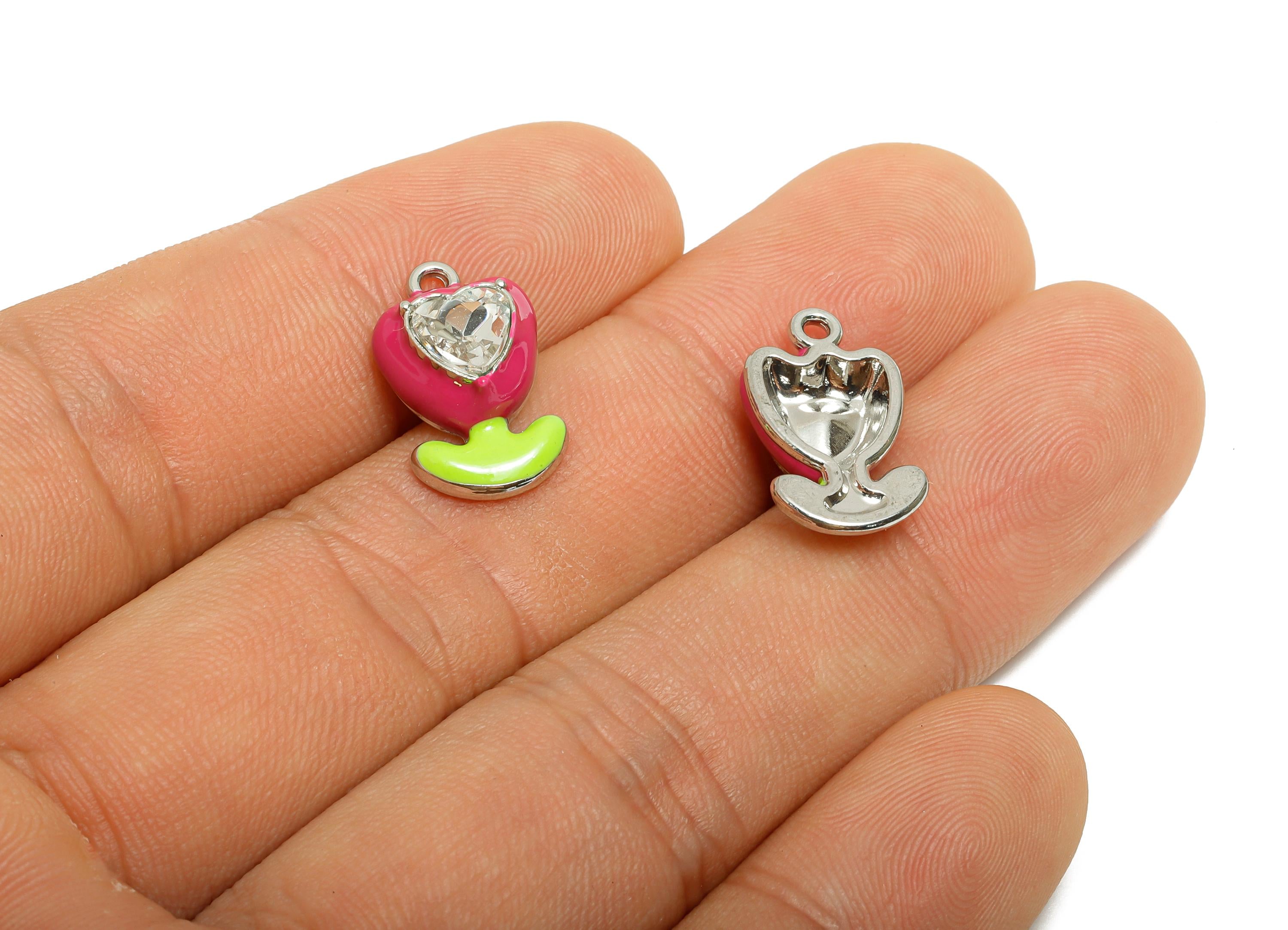 Alloy Heart Crystal Flower Charm - Purple Enamel Flower Pendant - Modern Kawaii Flower - Trendy Craft Jewelry Making - 17.43x9x5mm - AC3564