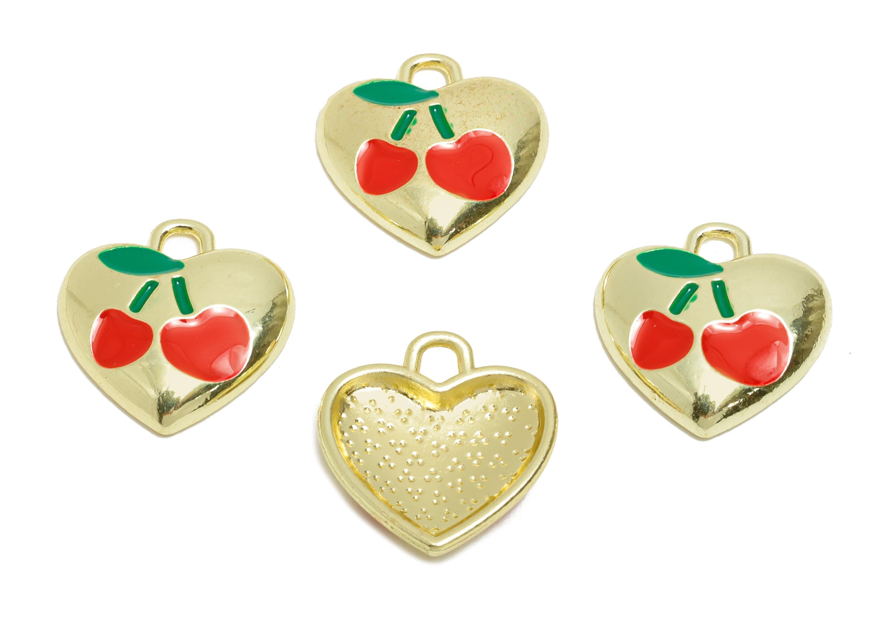 Alloy Enamel Cherry Pendant - Colorful Heart Fruit Jewelry Charm - Refined Heart Pendant - Craft Jewelry Making - 16.1x15.2x2.8mm - AC3575